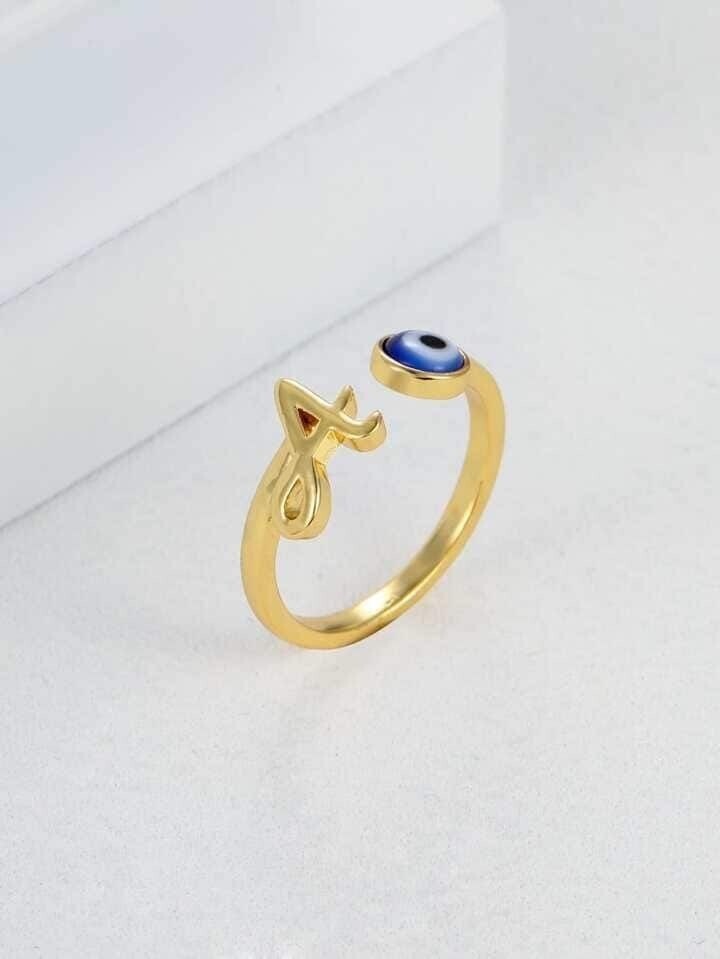 A-Z Evil Eye Customize Initial Letter Alphabet Women's Ring in 10K Yellow Gold