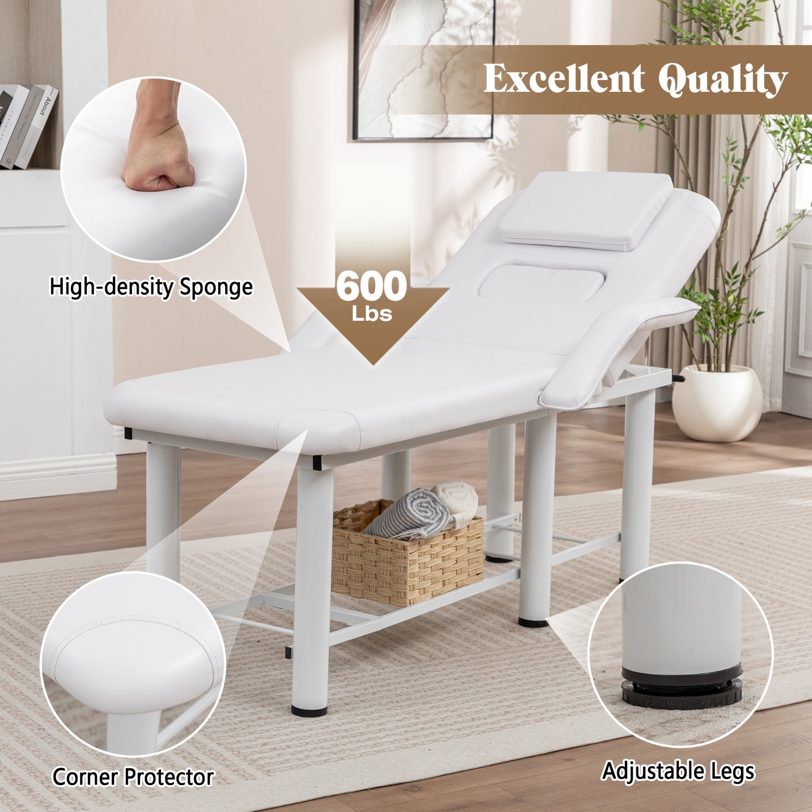 Professional Massage Bed Adjustable Height & Backrest Spa Facial Bed, White