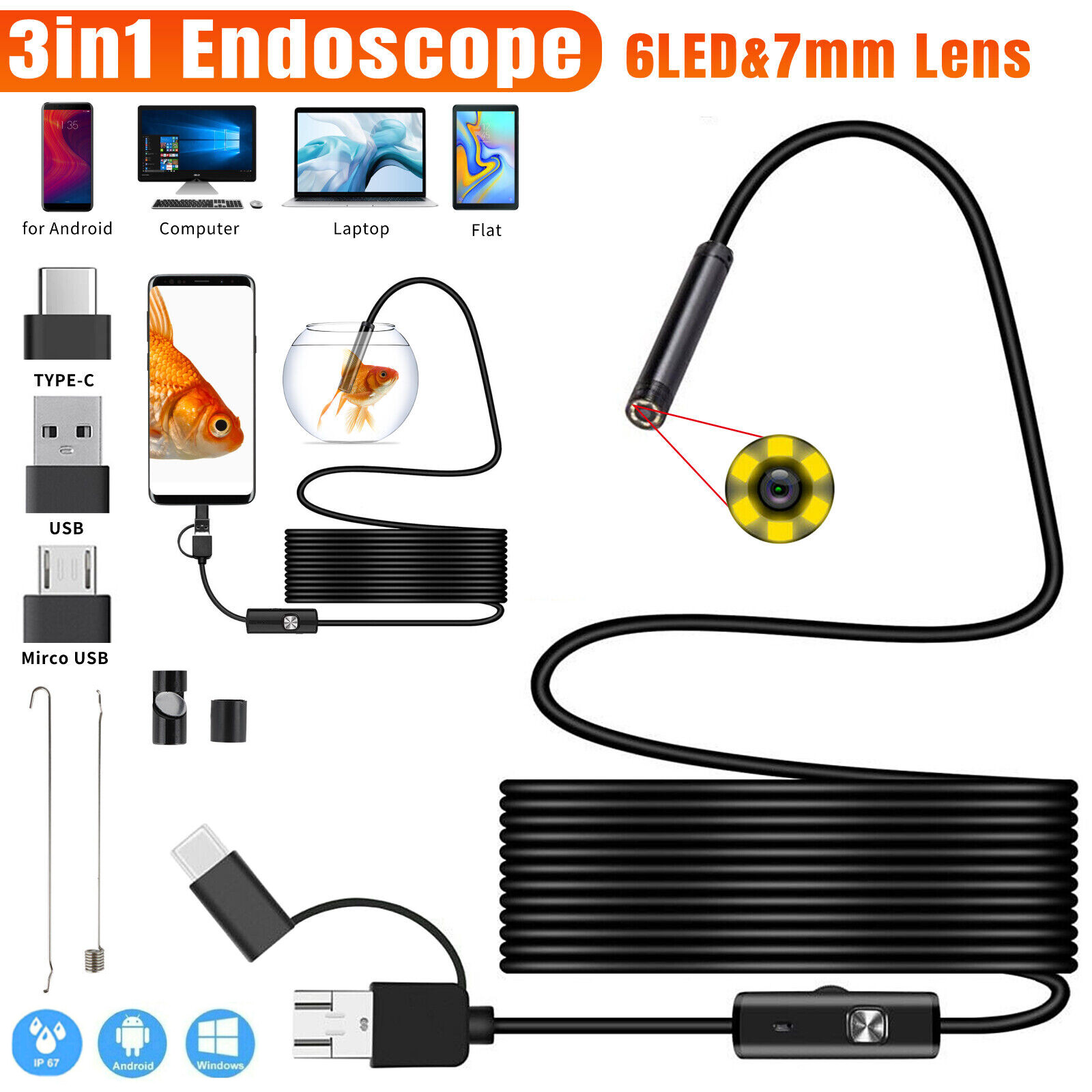 Endoscope HD Camera USB Type-C Waterproof Borescope Snake Inspection For Android