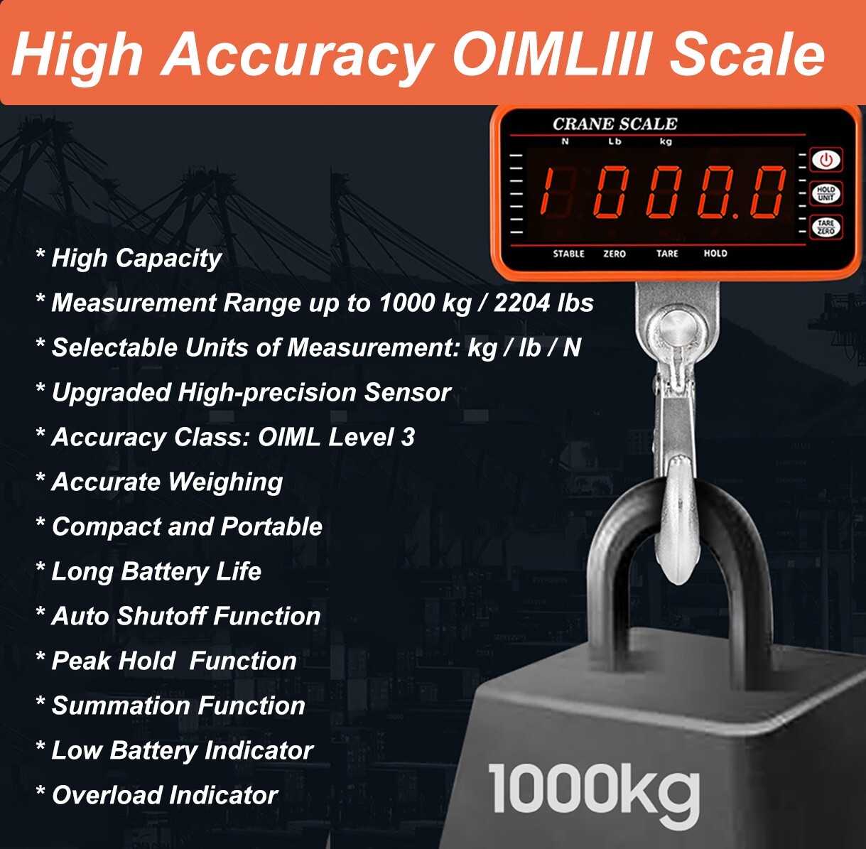 2200lbs/1000kgs Digital Hanging Scale Industrial Heavy Duty Crane Tare Function