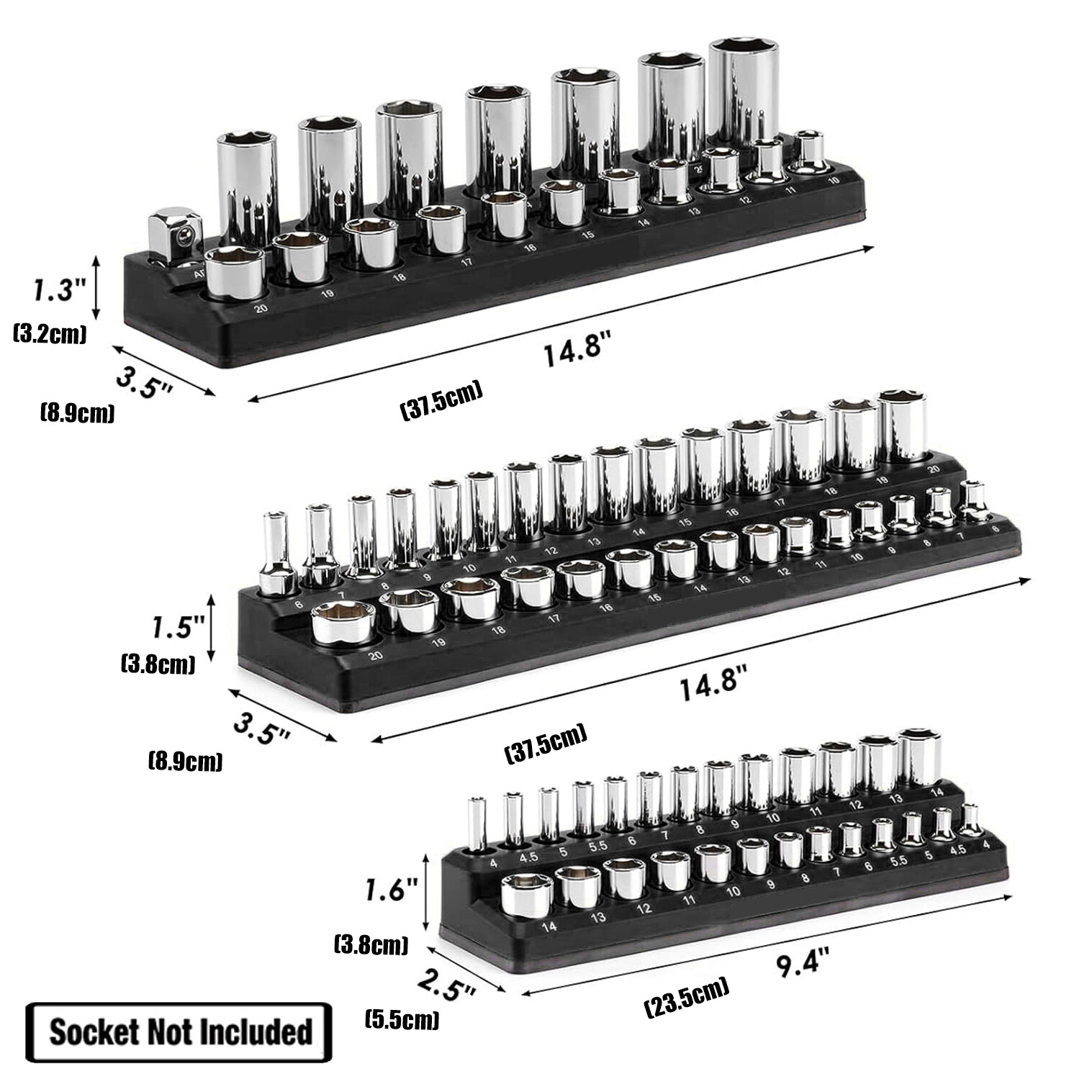 Magnetic Socket Organizer Holder Set 1/4'' 3/8'' 1/2'' Socket Trays Metric SAE