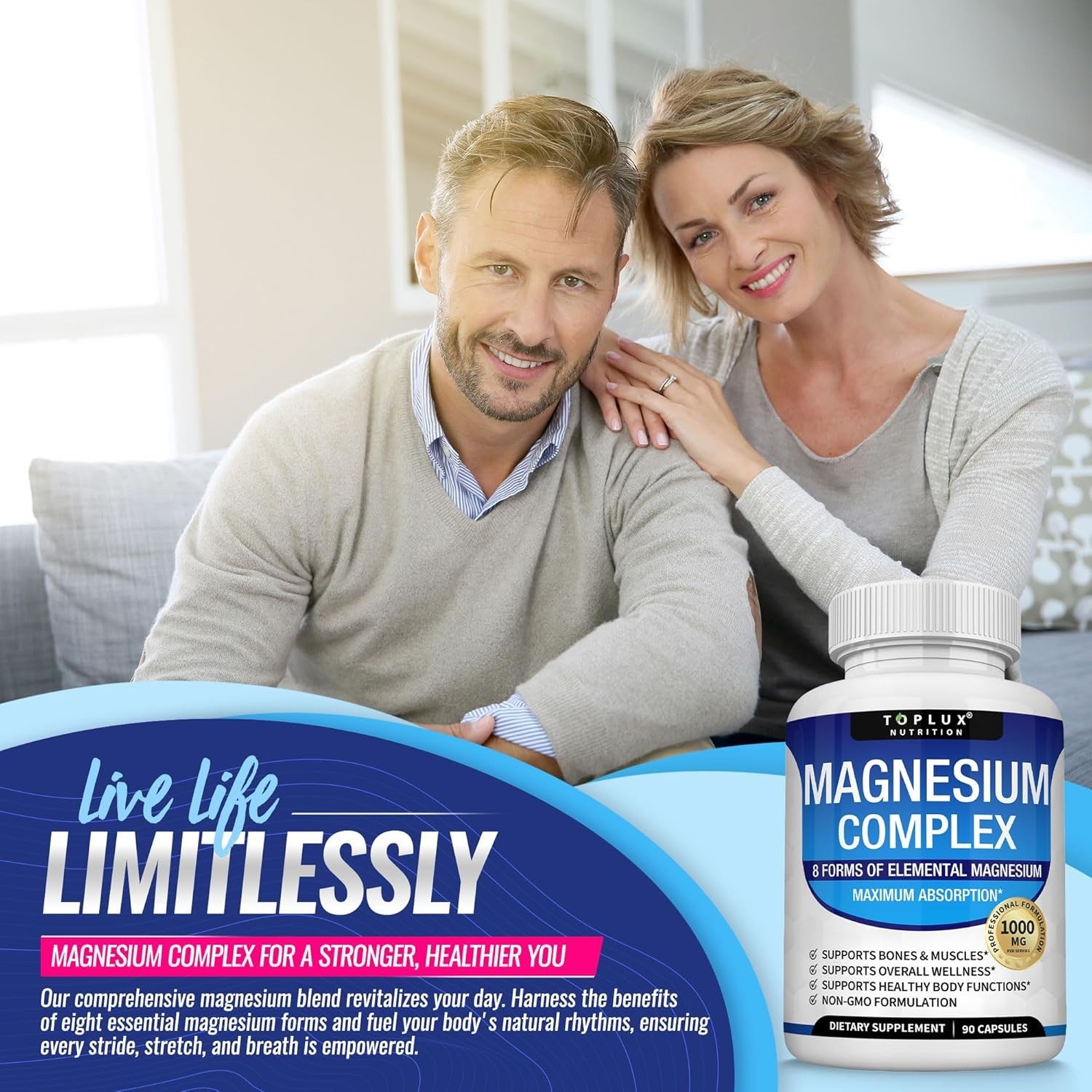 TopLux Nutrition Magnesium Complex 1000mg, 8 Forms for Sleep, Muscle & Bone