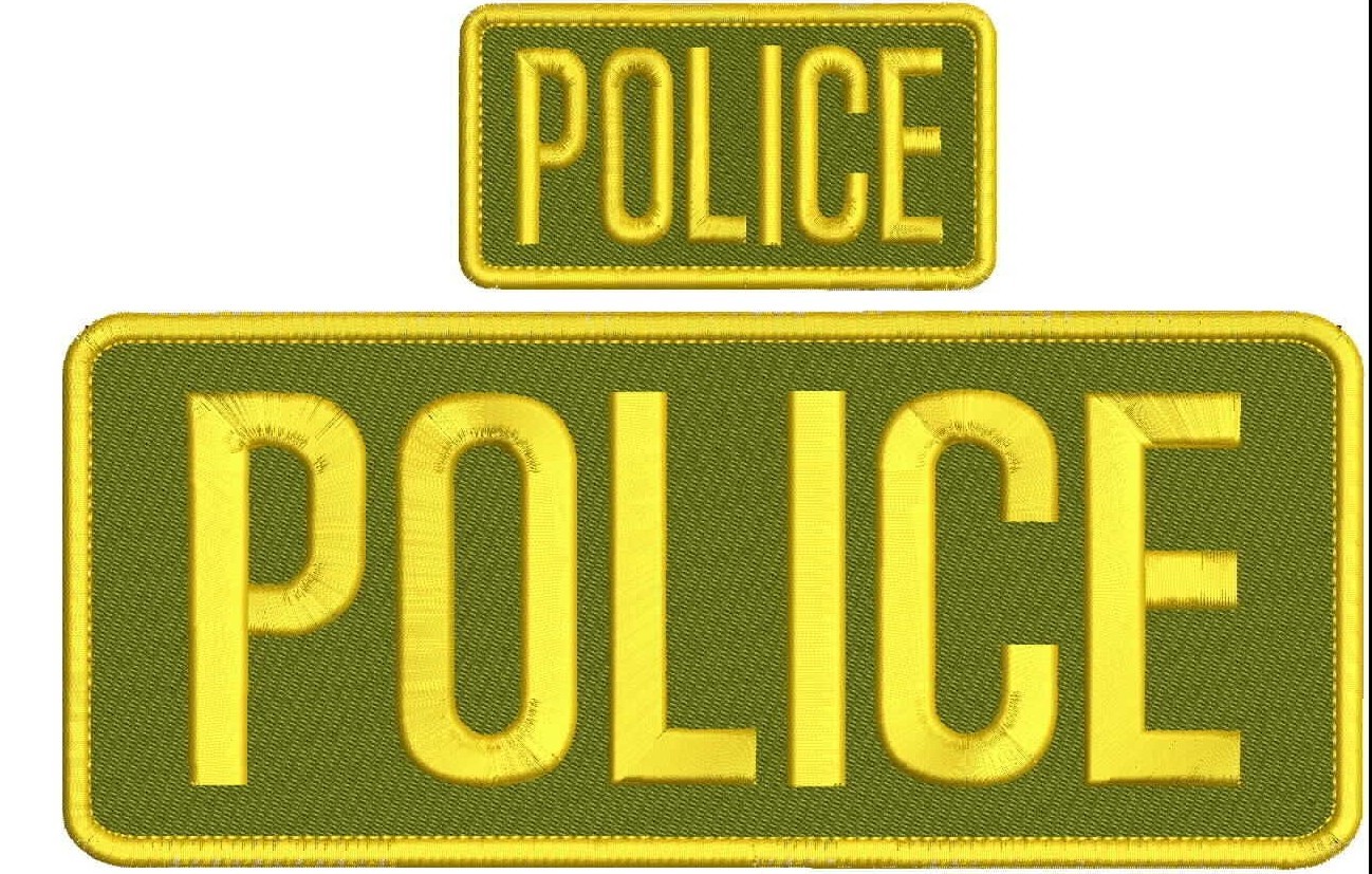 POLICE embroidery patches 4x10 and 2x5 hook on back GOLD letters Od GREEN