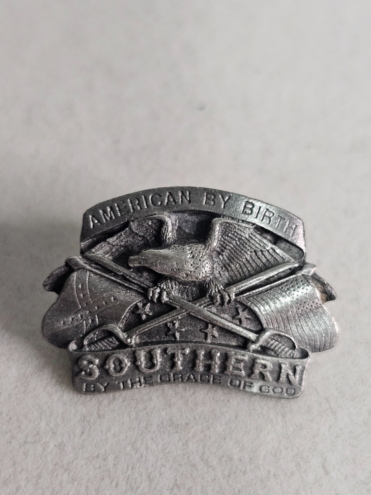 Vintage MILITARY PIN American By Birth Southern By The Grace of God Silver 1in