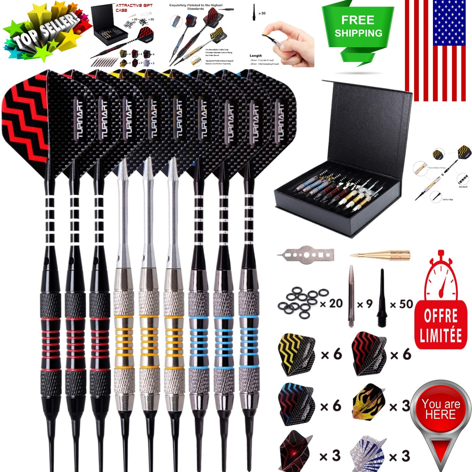 Deluxe Soft Tip Darts Set - 9 Dart Design with Elegant Case & Flight Protectors