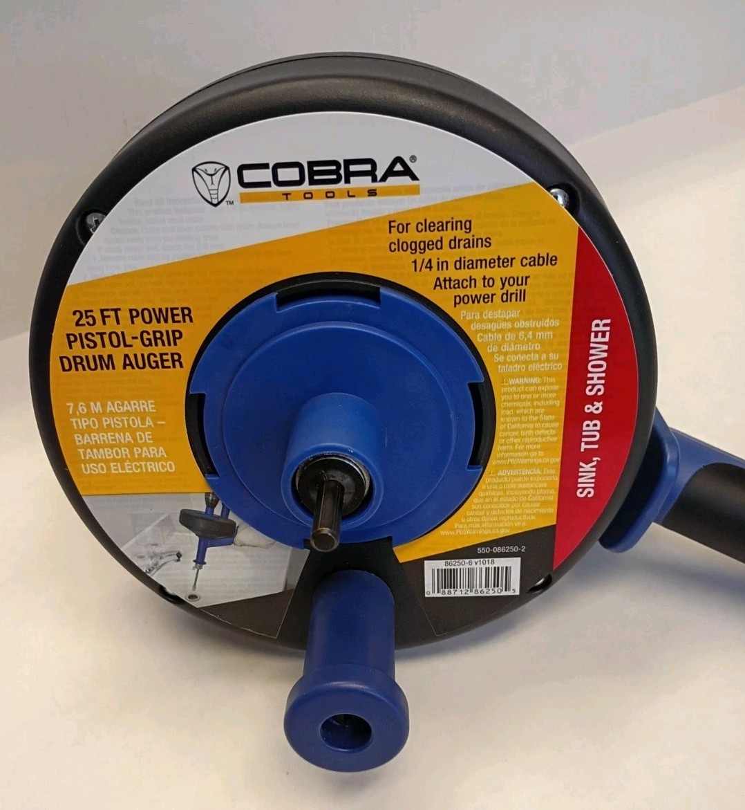 Cobra 86250 1/4 In X 25 Ft Pistol Grip Power Drum Drain Auger Use Crank or Drill