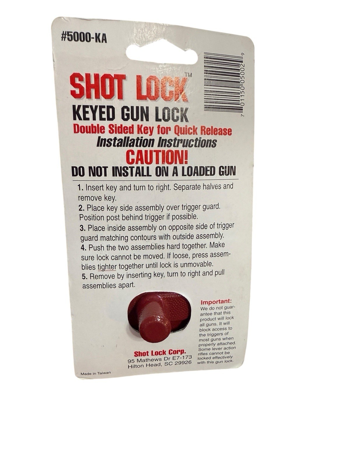 New Gun Lock Shot Lock Keyed #5000-KA With DBL Sided Keys For Fast Release