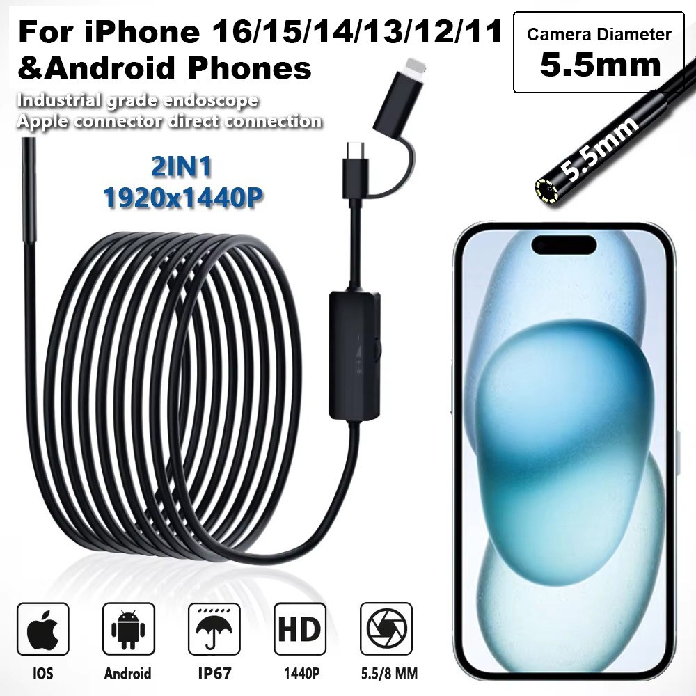 5.5mm Endoscope Camera 1920P Borescope Camera 8LED for iPhone 17/16/15/14 Samsun
