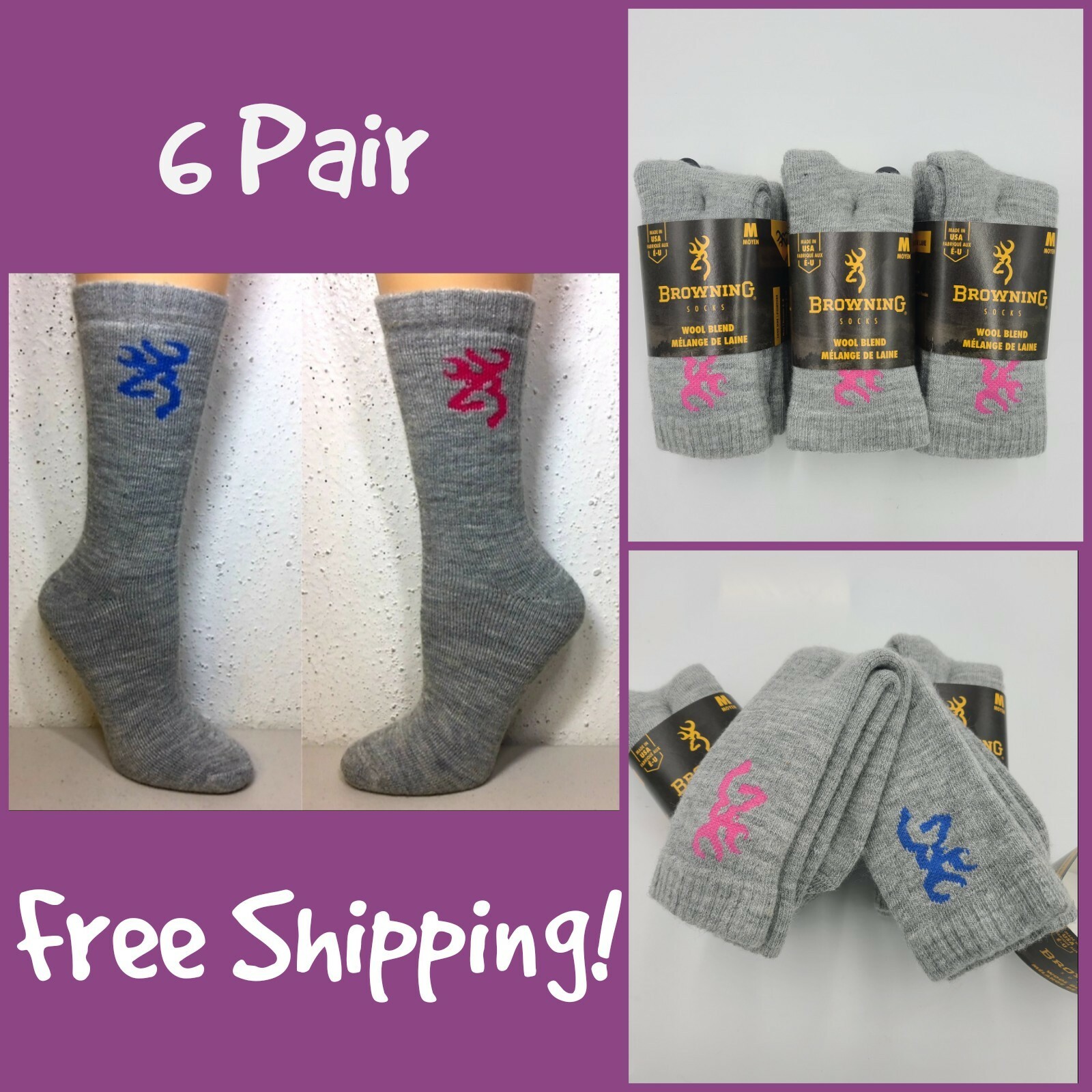 Browning 6 Pair Women Mid Calf Wool Blend Full Cushion Socks Size M (6-10) USA !