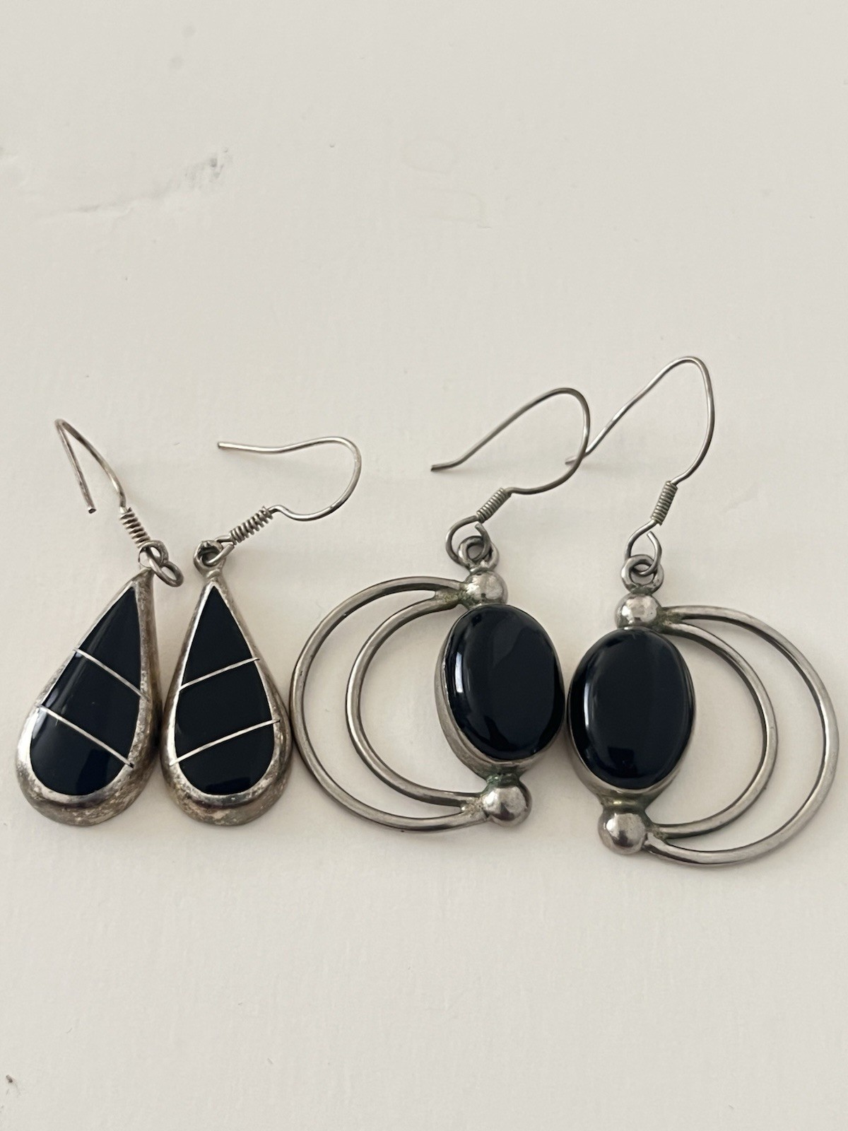 Mexico Silver Tone Black Onyx And Black Resin Earrings Lot Of 2