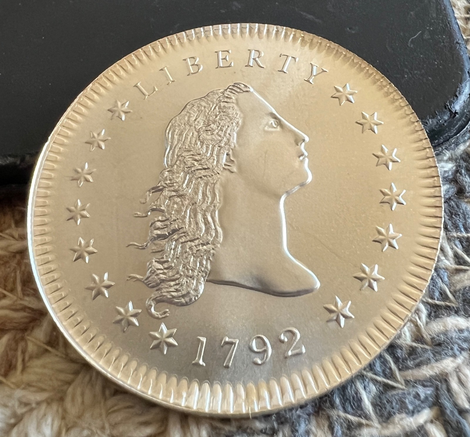 1792 Flowing Hair Dollar Satin Finish Overstrike on Silver Eagle Dan Carr /1
