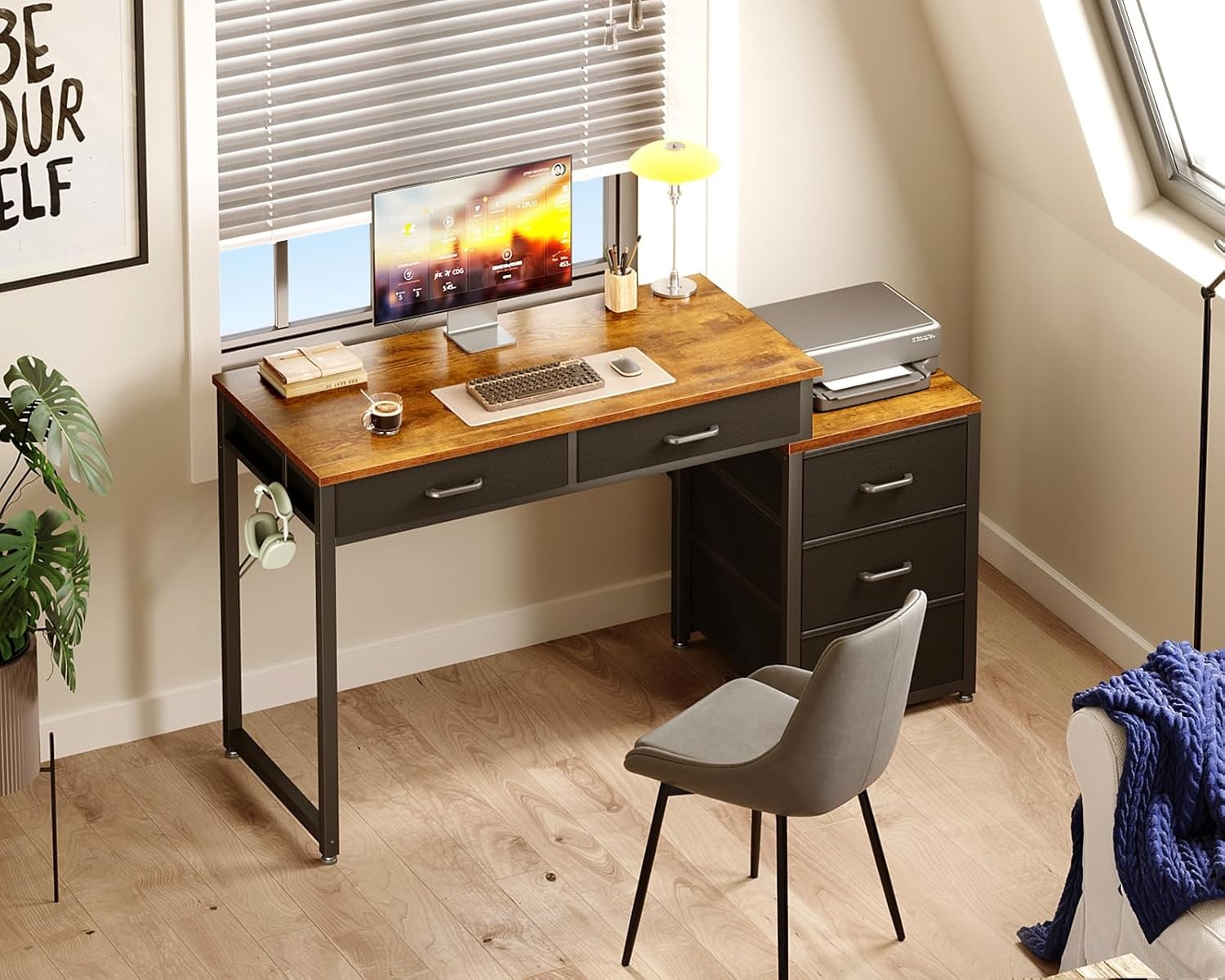 ODK Computer Desk with 5 Drawers,53'' Office Desk with Printer Shelf, Reversible