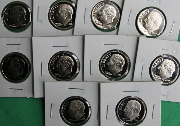 2000 thru 2009 PROOF Roosevelt Dime Collection 10 Coins from US Mint Ten Cents