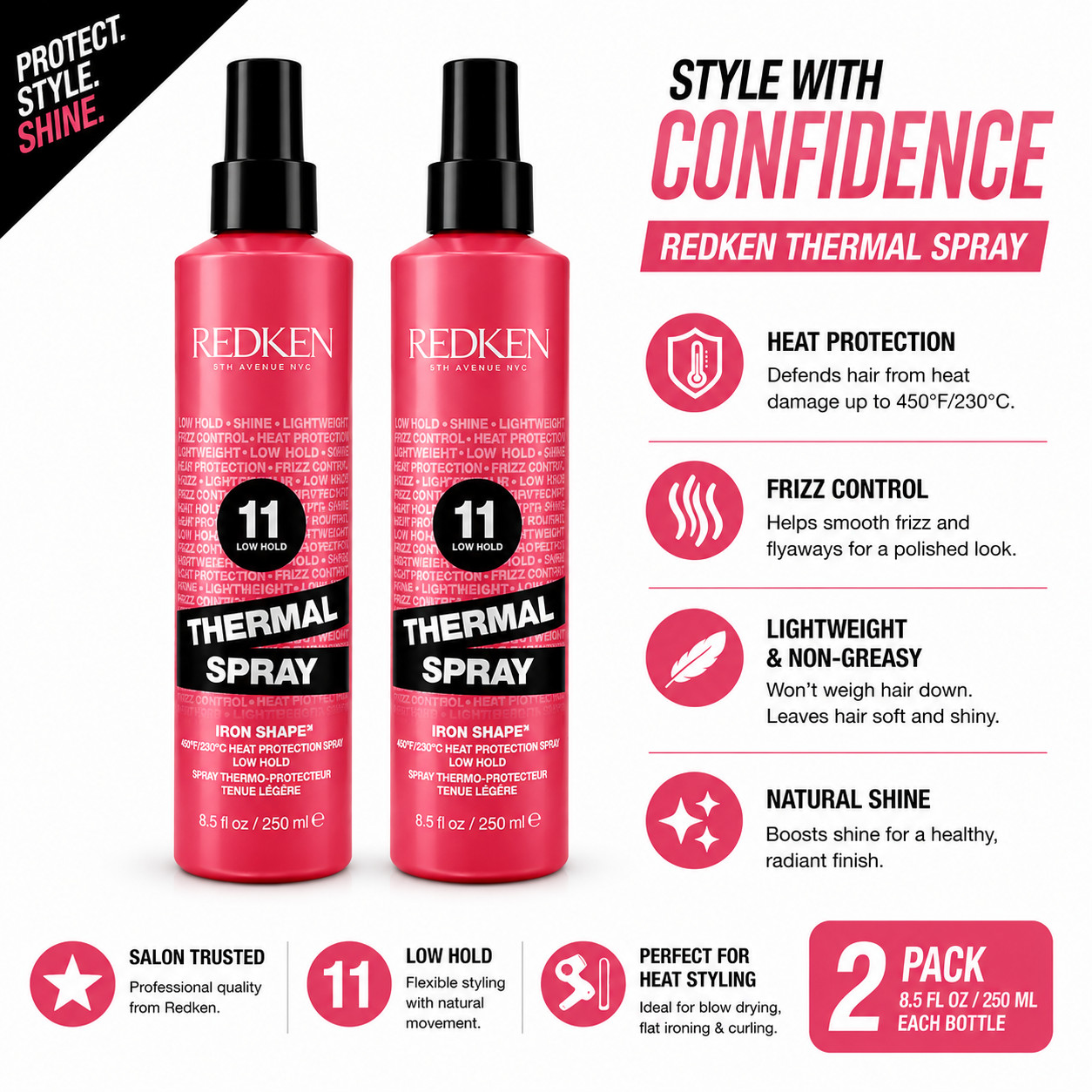 Lot of 2 Redken Thermal Spray 11 Iron Shape Heat Protectant 8.5oz Hair Styling