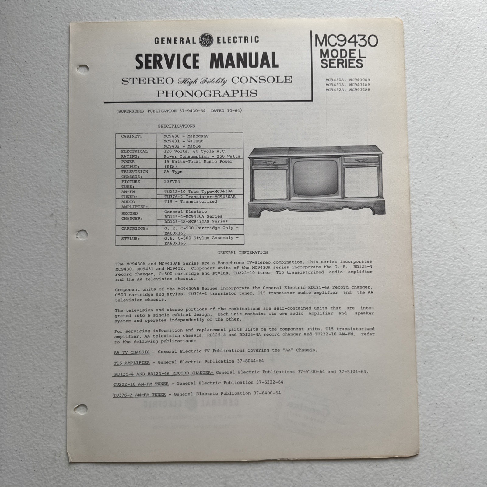 General Electric TV Stereo MC9430 Model Series 1964/1965 Product Specifications