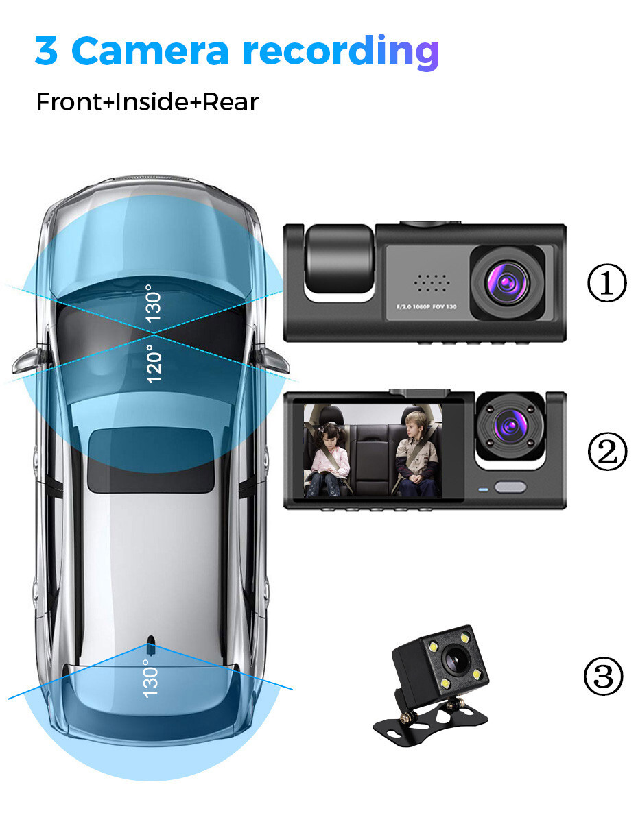 Front Rear Inside DVR Dash Cam with Night Vision & Loop Recording