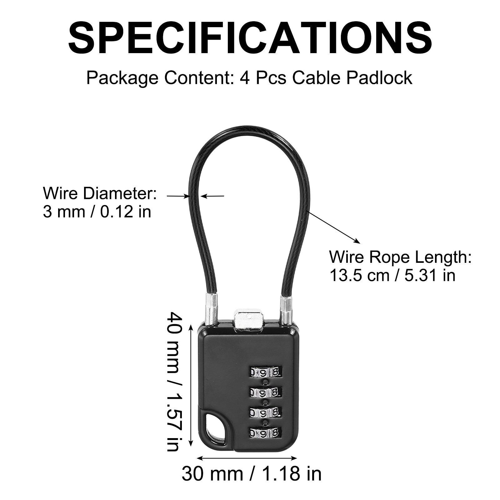 4Pcs Combination Cable Padlock with 5.3" (13.5 Cm) Flexible Cable, Black