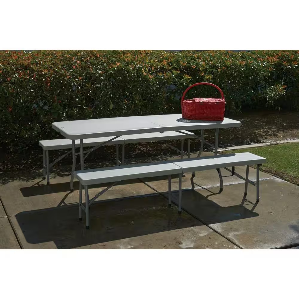 3-Piece Grey Folding Table Bench Set