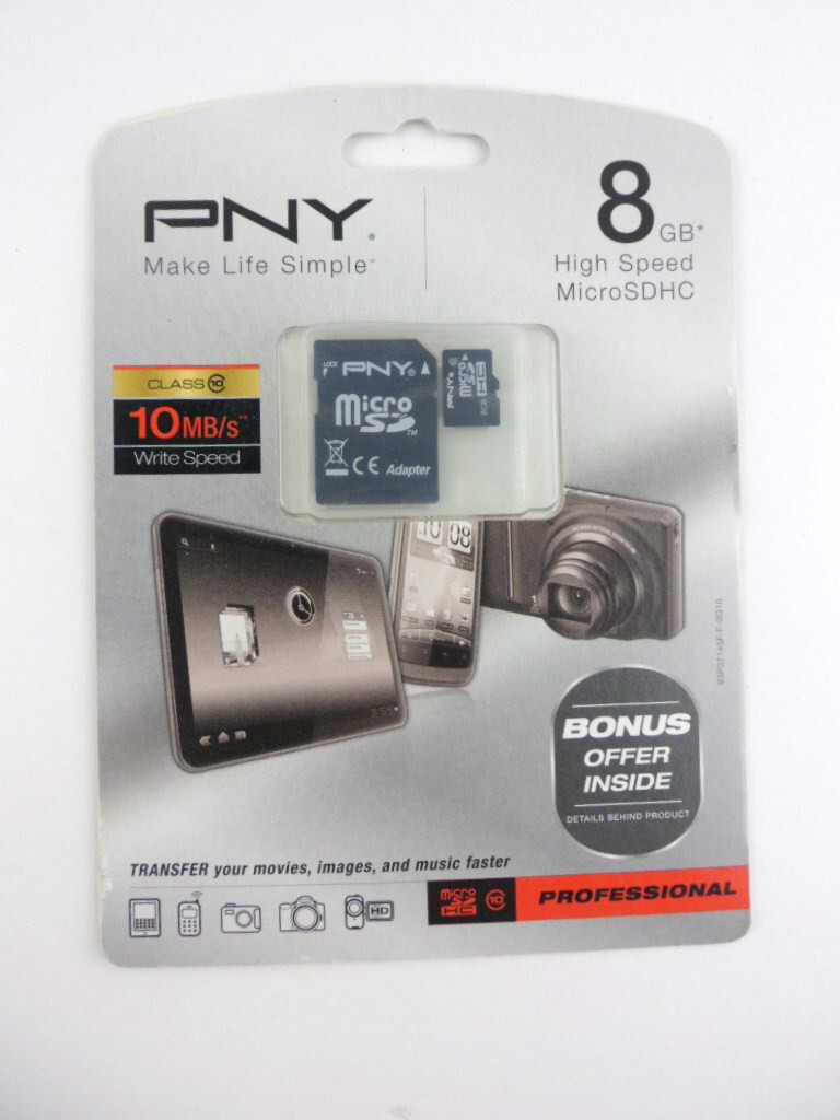 PNY MicroSDHC 8 GB Memory Card + SD Adapter Professional - New