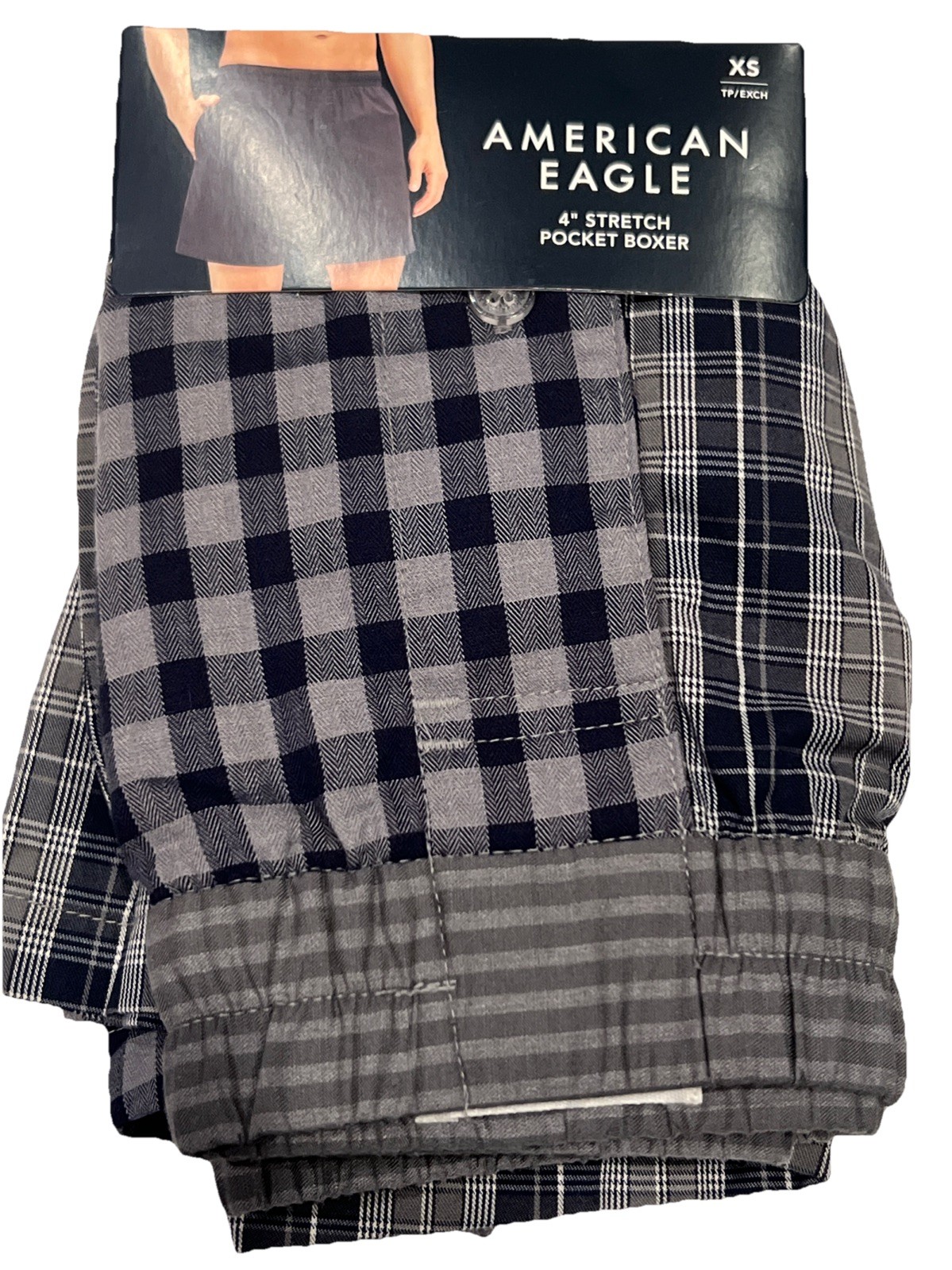 NWT AMERICAN EAGLE Stretch Pocket Boxer Sz XS-S-M-L Blue Gray Plaid Checks #69