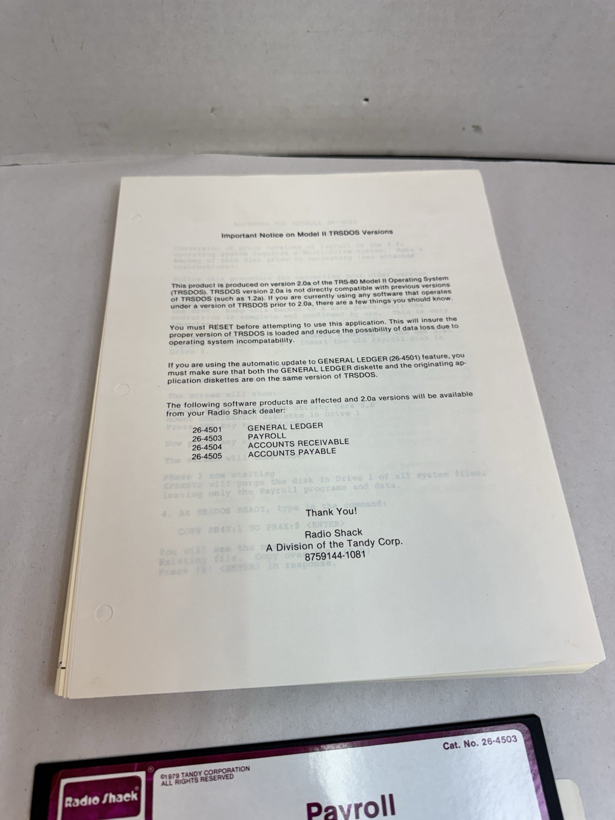 Radio Shack TRS-80 Payroll Program Diskette Certified w/ Documentation #20