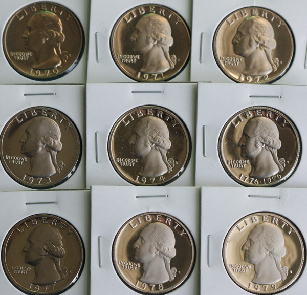 1970 thru 1979 PROOF Washington Quarter Lot 9 Coins Nine 25 Cents Coin Set