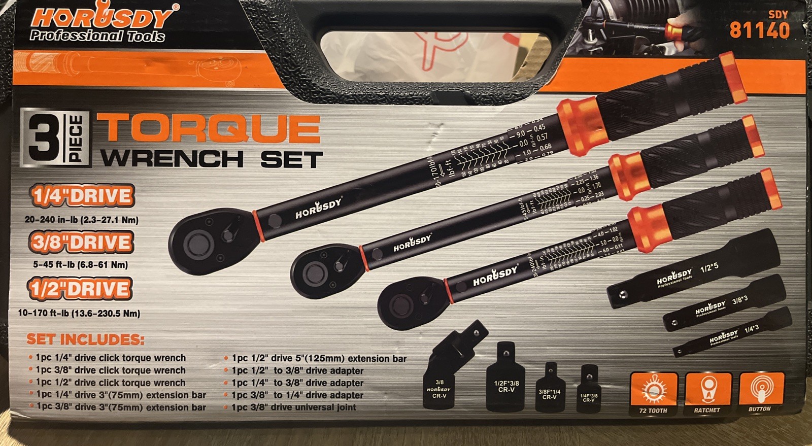 Horusdy 3 Pcs Torque Wrench Set With 7 Pcs Extensions, Drive Adapters, Joint.NEW