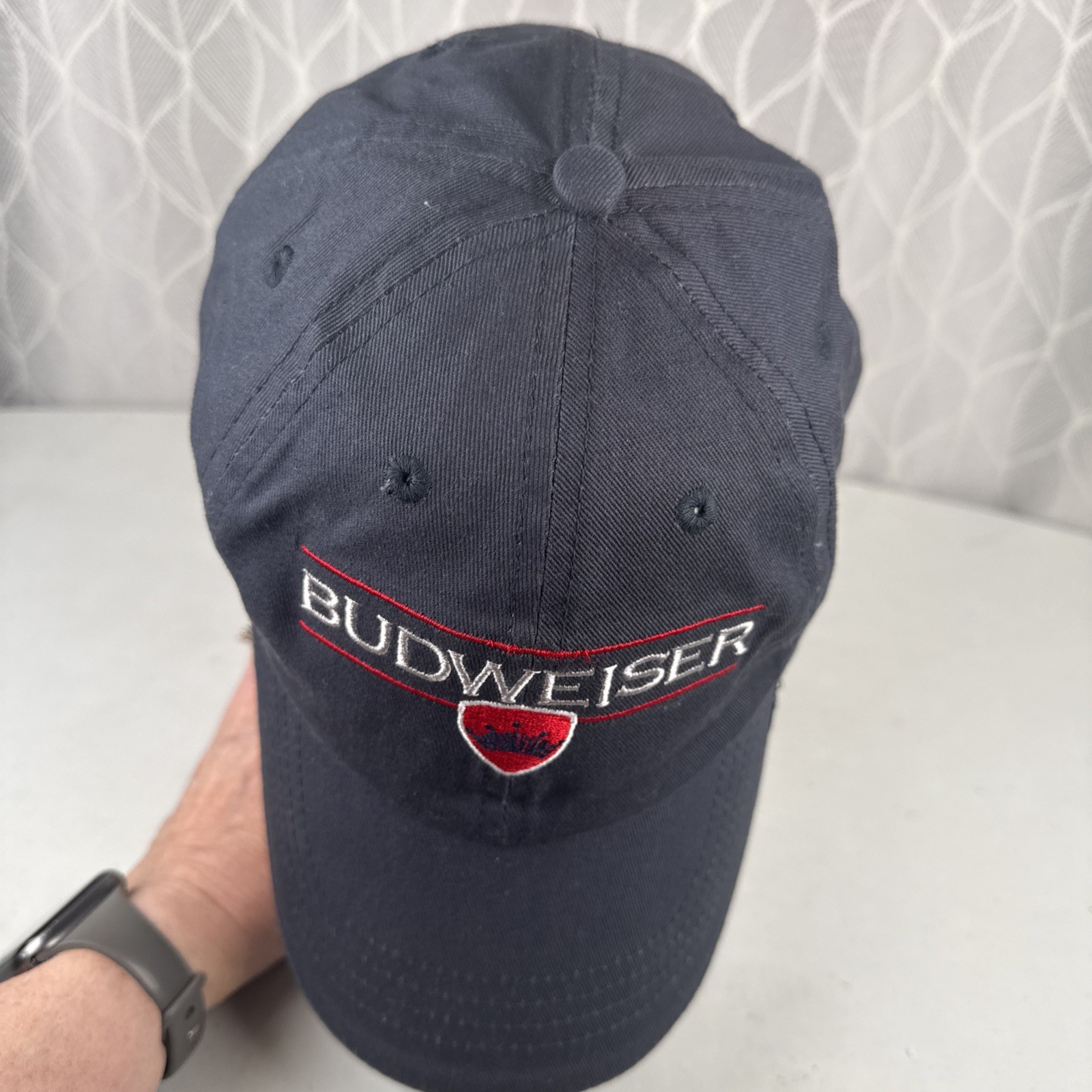 BUDWEISER White Red Shield Logo on Navy Hat Cap Cotton Hook Loop White Bill Edge