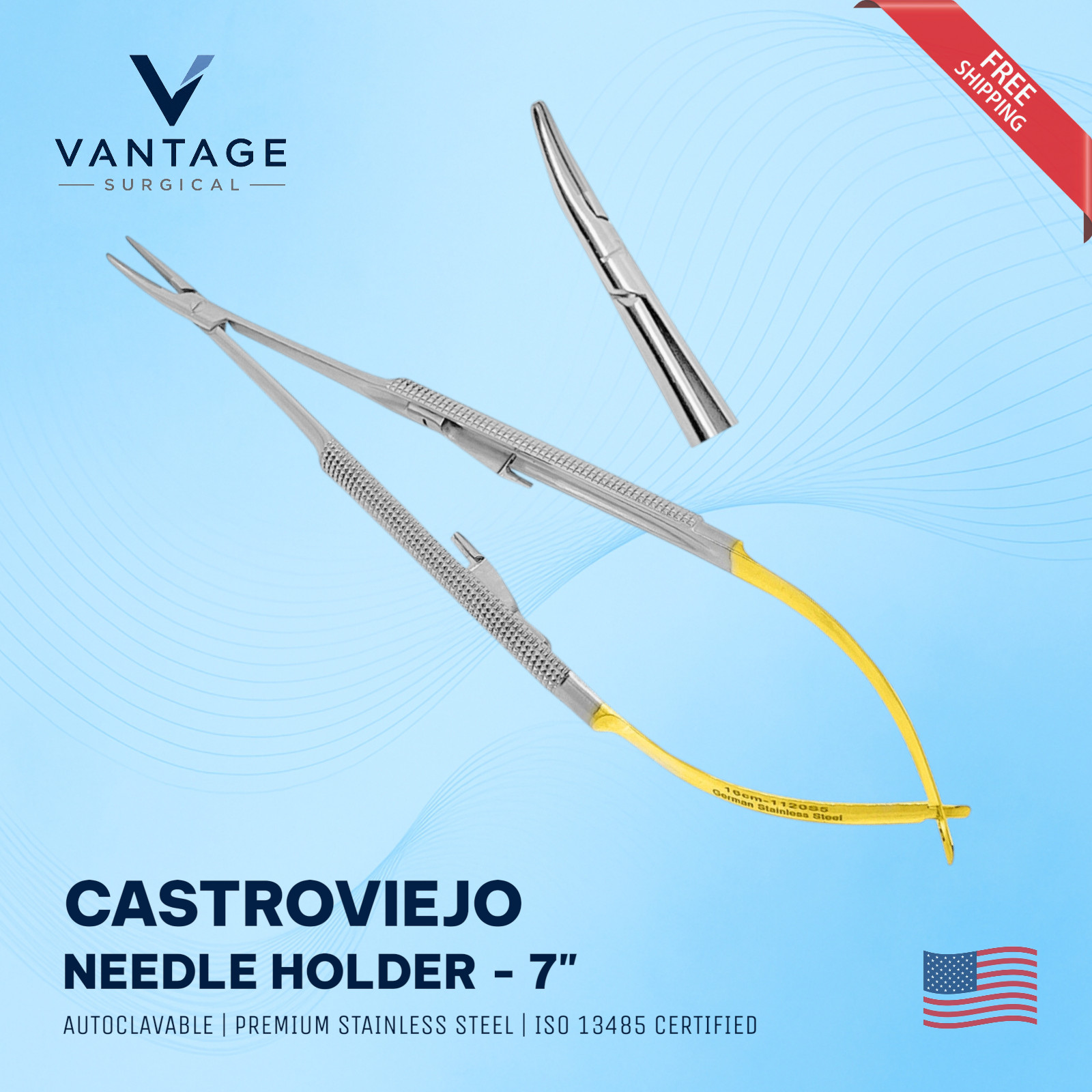TC Castroviejo Needle Holder, 7", Curved, Serrated Jaws, with Lock, OR Grade