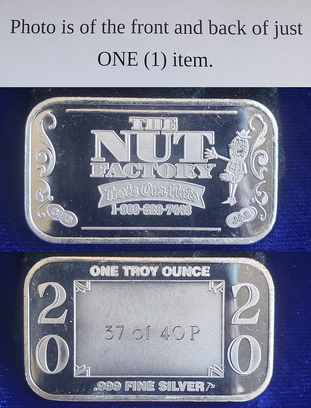 Rare 2020 The Nut Factory Taste Our Nuts CMG Mint 1 Oz 999 Silver Bar 40 Minted