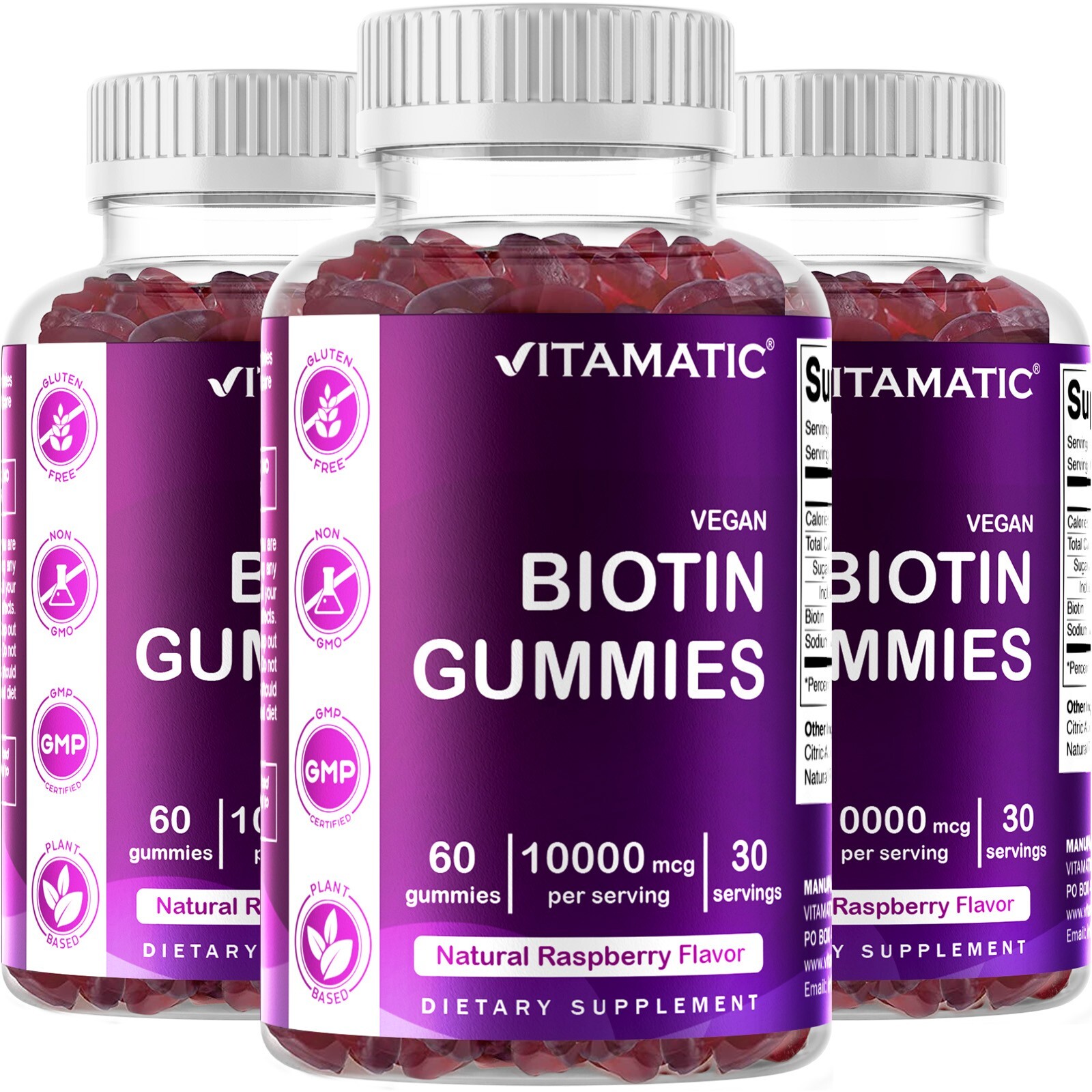 3 Pack Vitamatic Biotin Gummies 10000 mcg for Stronger Hair Skin Nails 60 Vegan