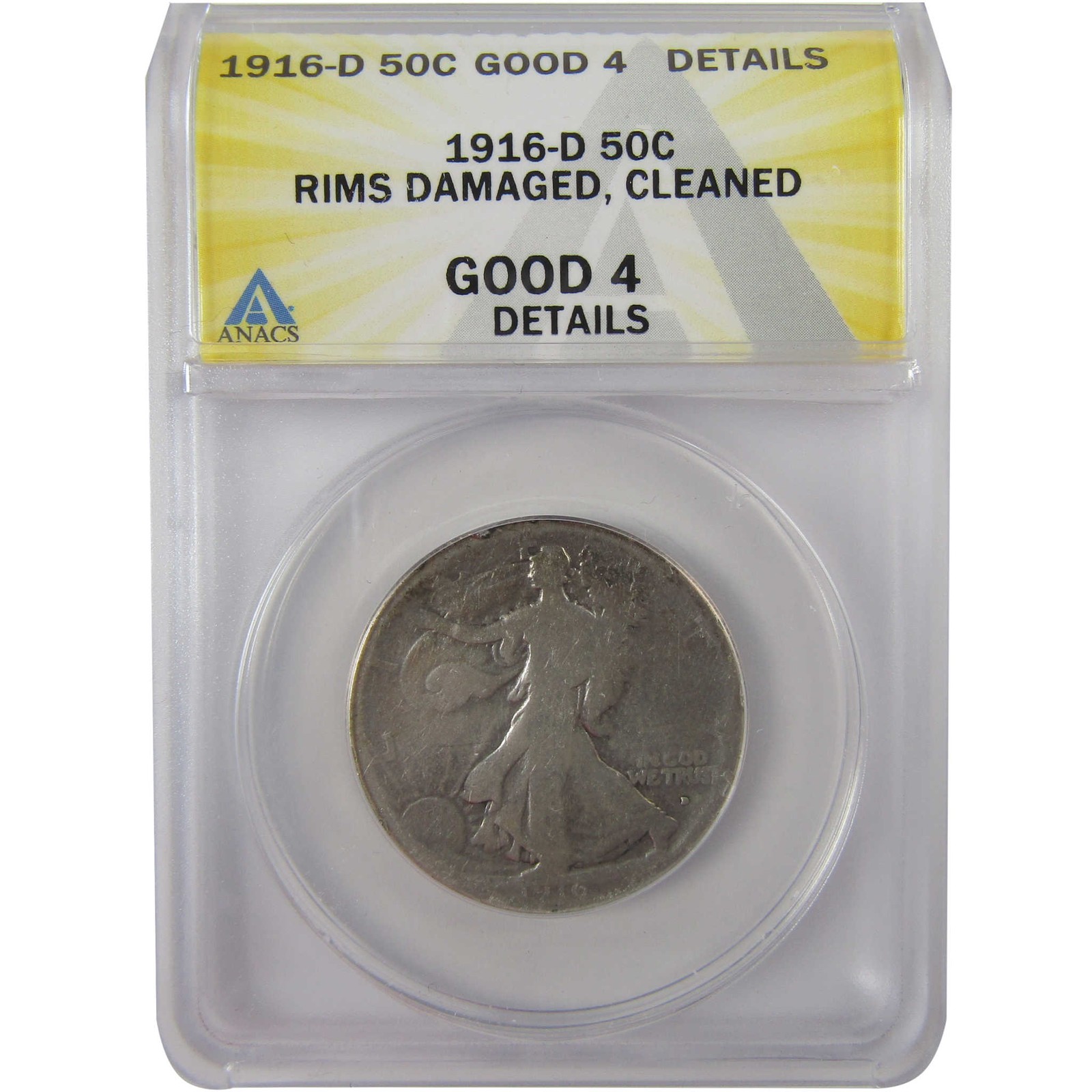 1916 D Liberty Walking Silver Half Dollar G 4 Details ANACS SKU:I25522