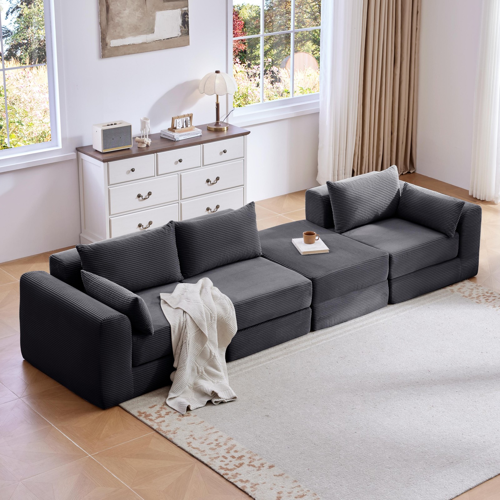 Upholstered Sectional Sofa 100" L-Shaped Corduroy Grey Modular