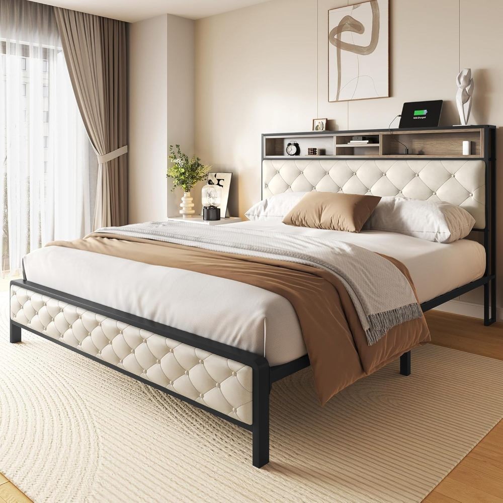 Queen Size Bed Frame Platform Bed with Charging Station, Upholstered Headboard