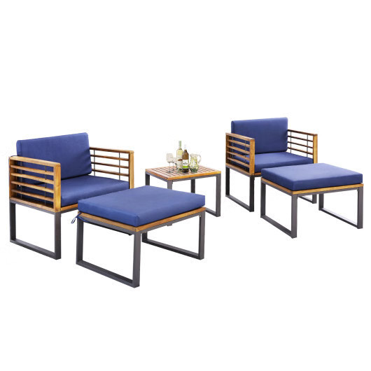 5 Piece Patio Acacia Wood Chair Set with Ottomans and Coffee Table-Navy - Color: