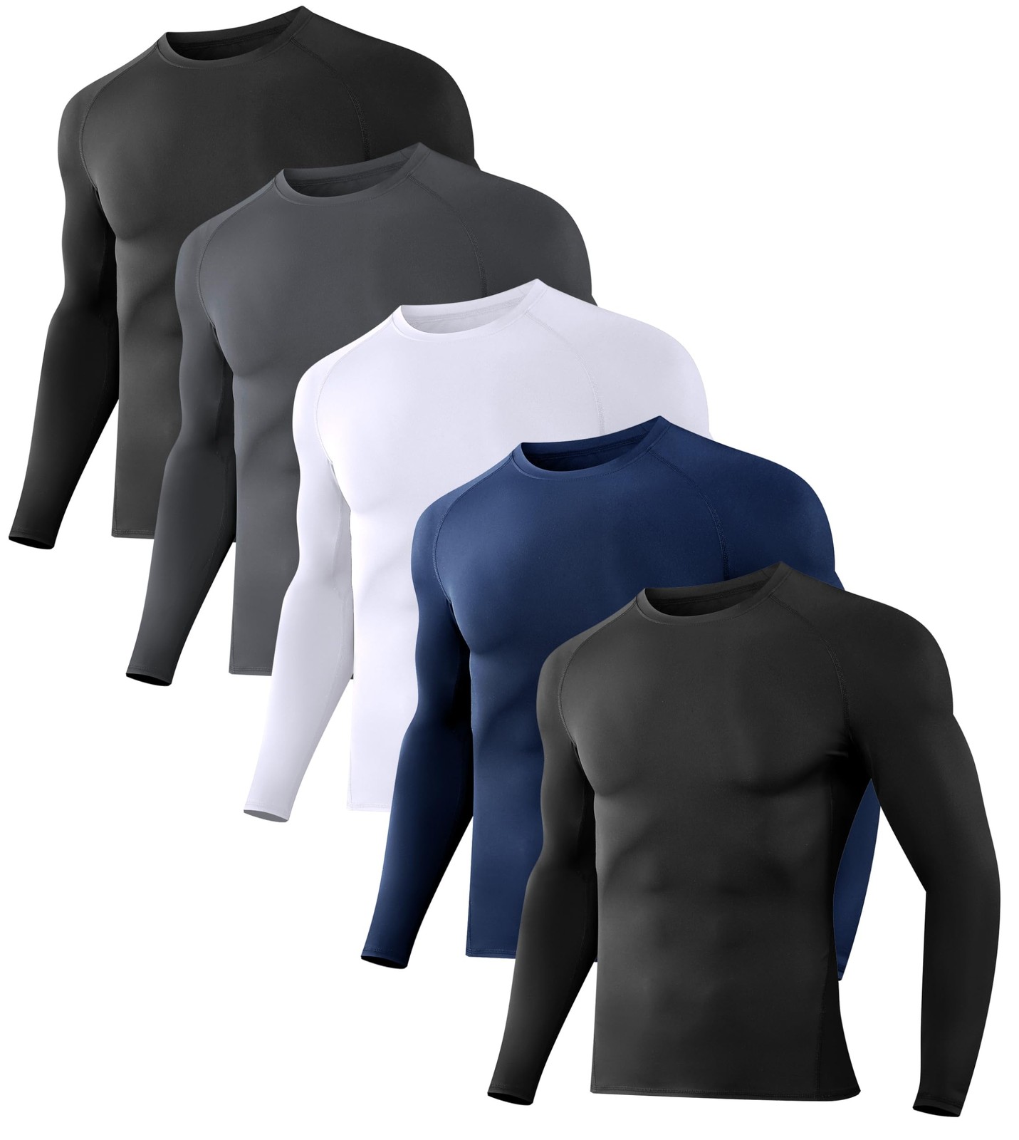 5 Pack Men's Compression Shirts Long Sleeve Athletic Workout Sports Undershir...