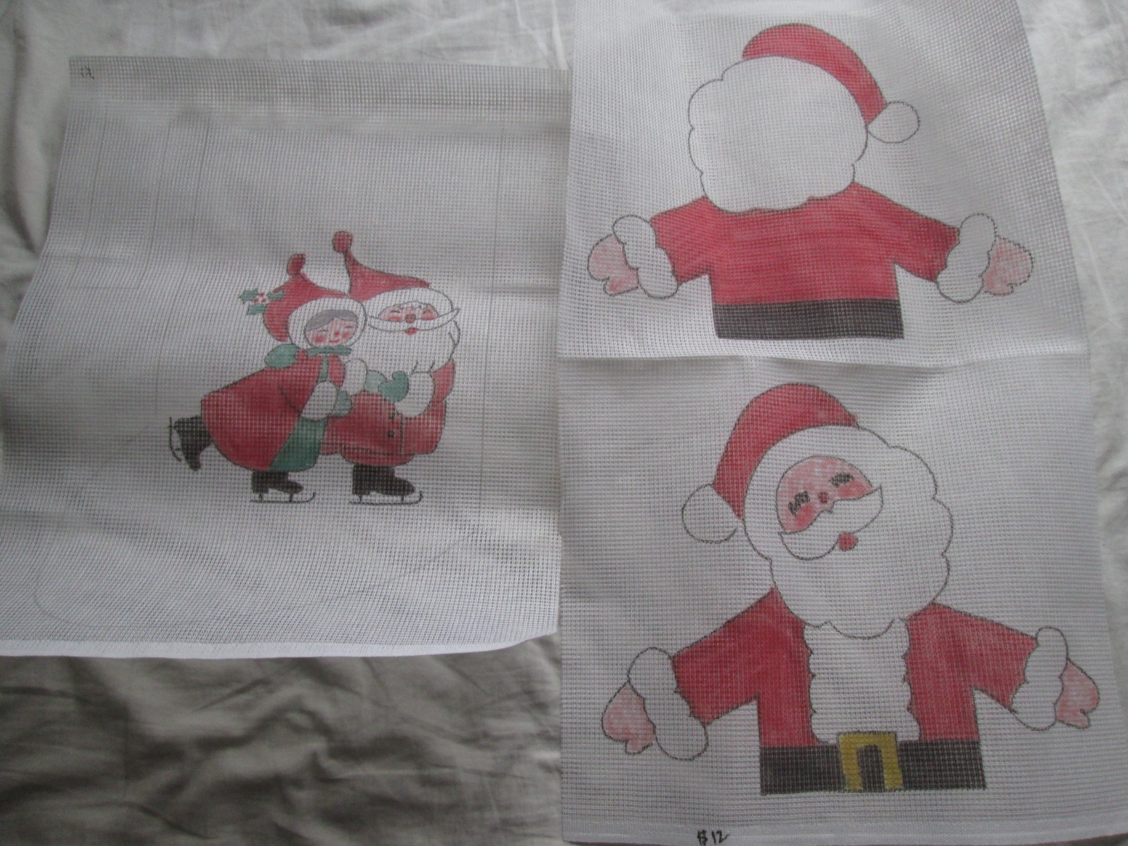 Vtg Hand Painted Needlepoint Canvas Lot 2 Christmas Santa Skater Stocking Panel