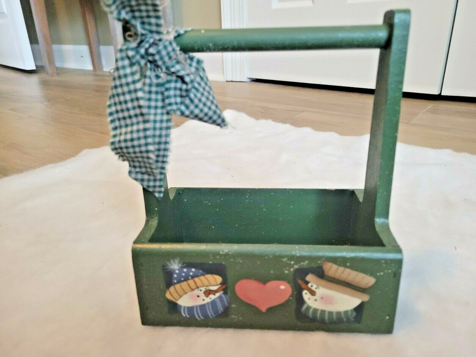 Cute Hand Painted Wood Basket/Box with Handle 6 x 3.5 inches Snowman