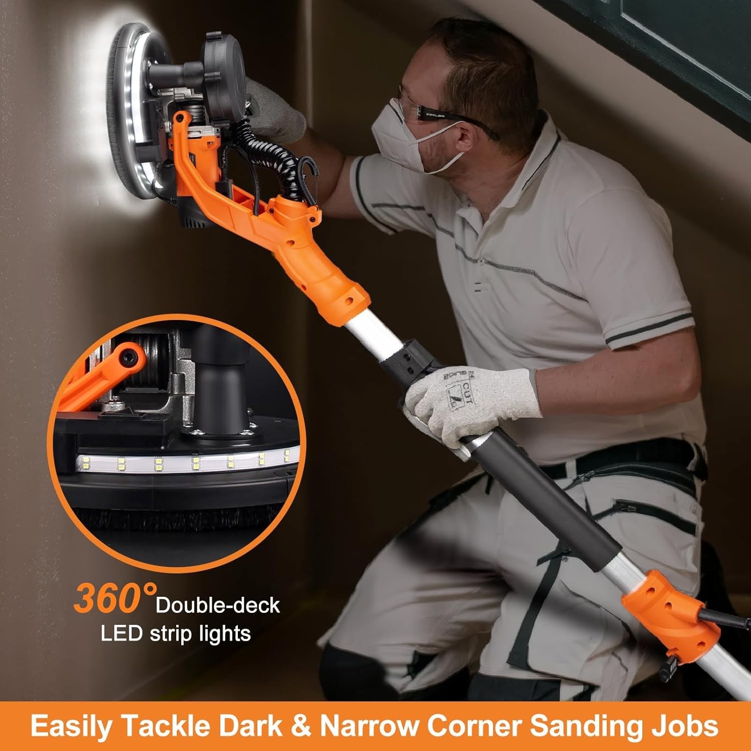 Versatile Drywall Sander with LED Light & Retractable Handle - 15 Discs Included
