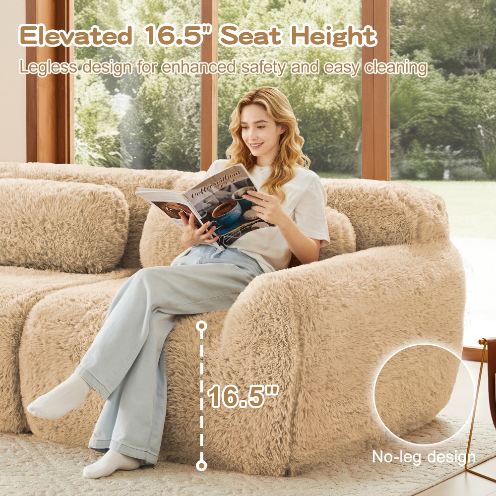 114'' Modular Sectional Sofa w/ Ottoman & Pillows, Plush Fabric, Light Khaki