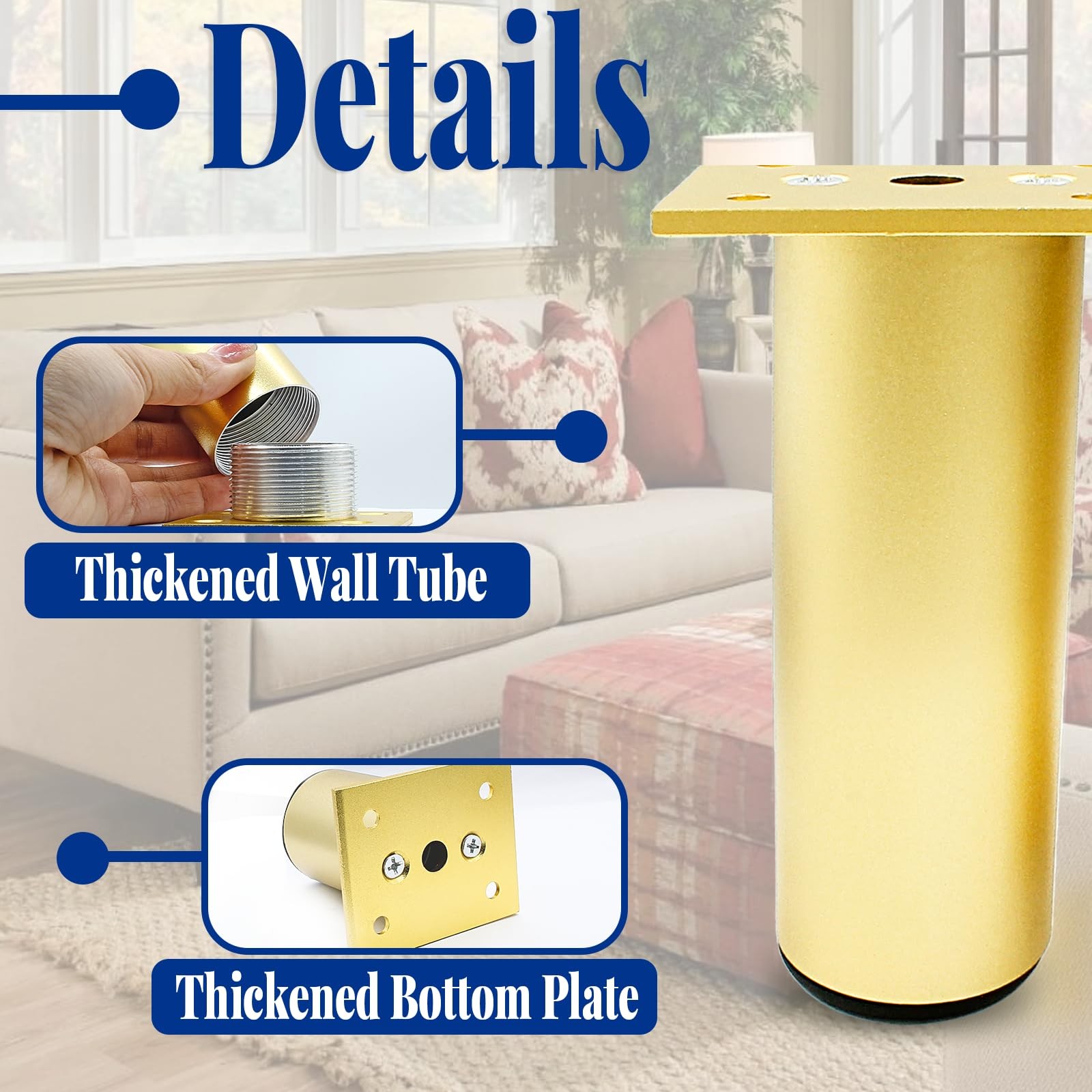 4 PCS 4 inch Gold Aluminum Alloy Furniture Legs 1.5in Dia Adjustable Feet