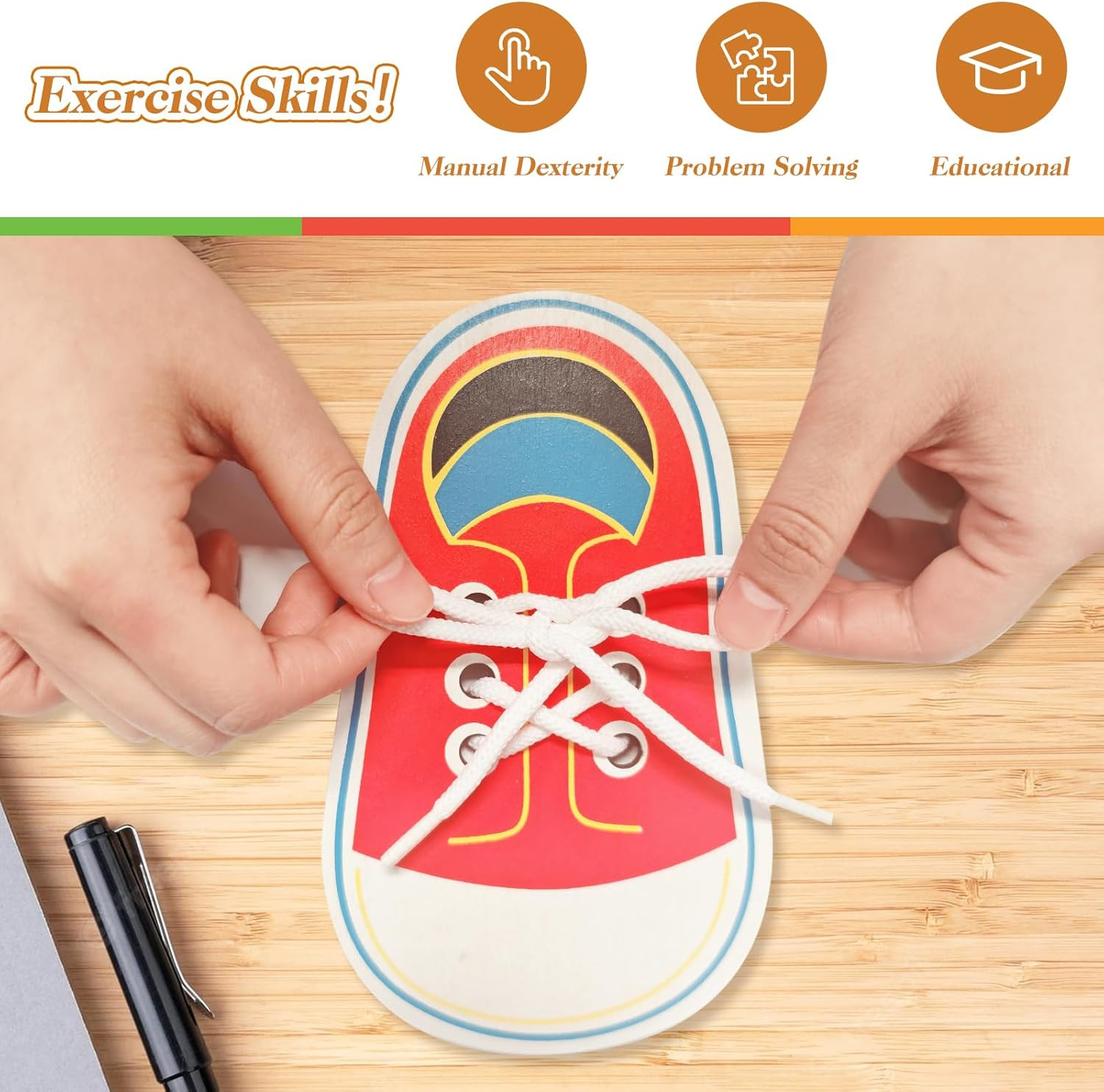 Wooden Red Shoe Tying Practice for Kids, How to Tie Your Shoes for Kids Threadin