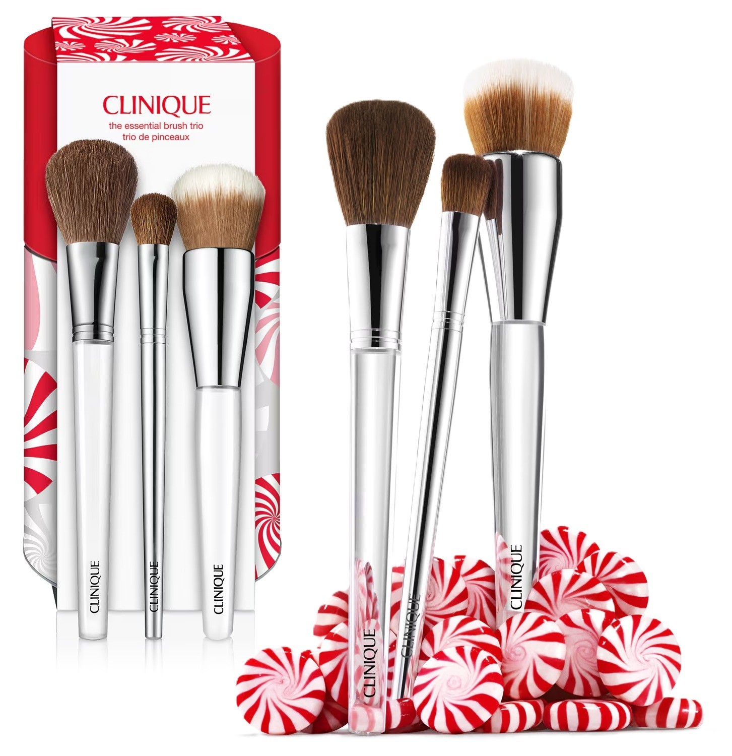 Clinique The Essential Brush Trio in Clinique Branded Metal Brush Holder NIB