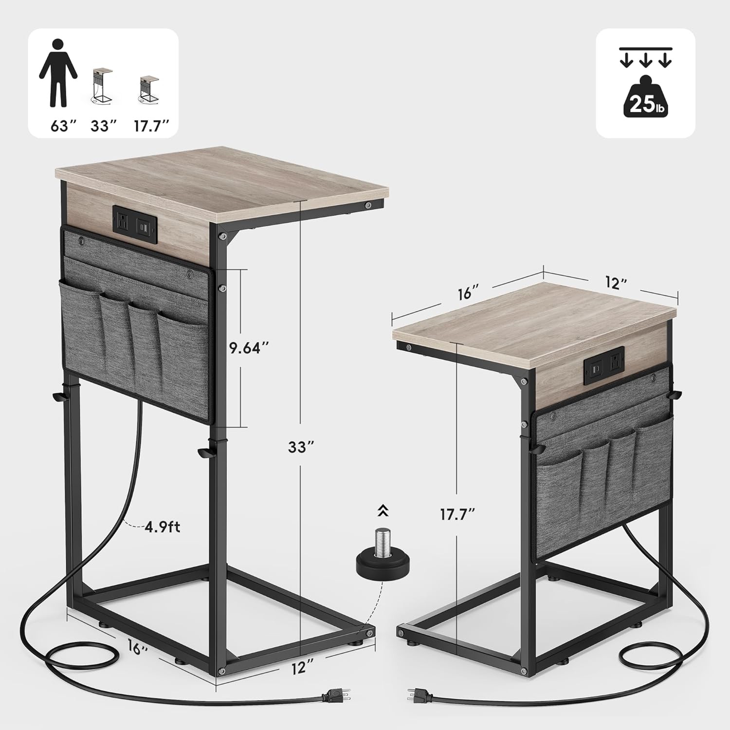 C Shaped End Table W/ Charging Station 33"Tall C Table End Table Adjustable