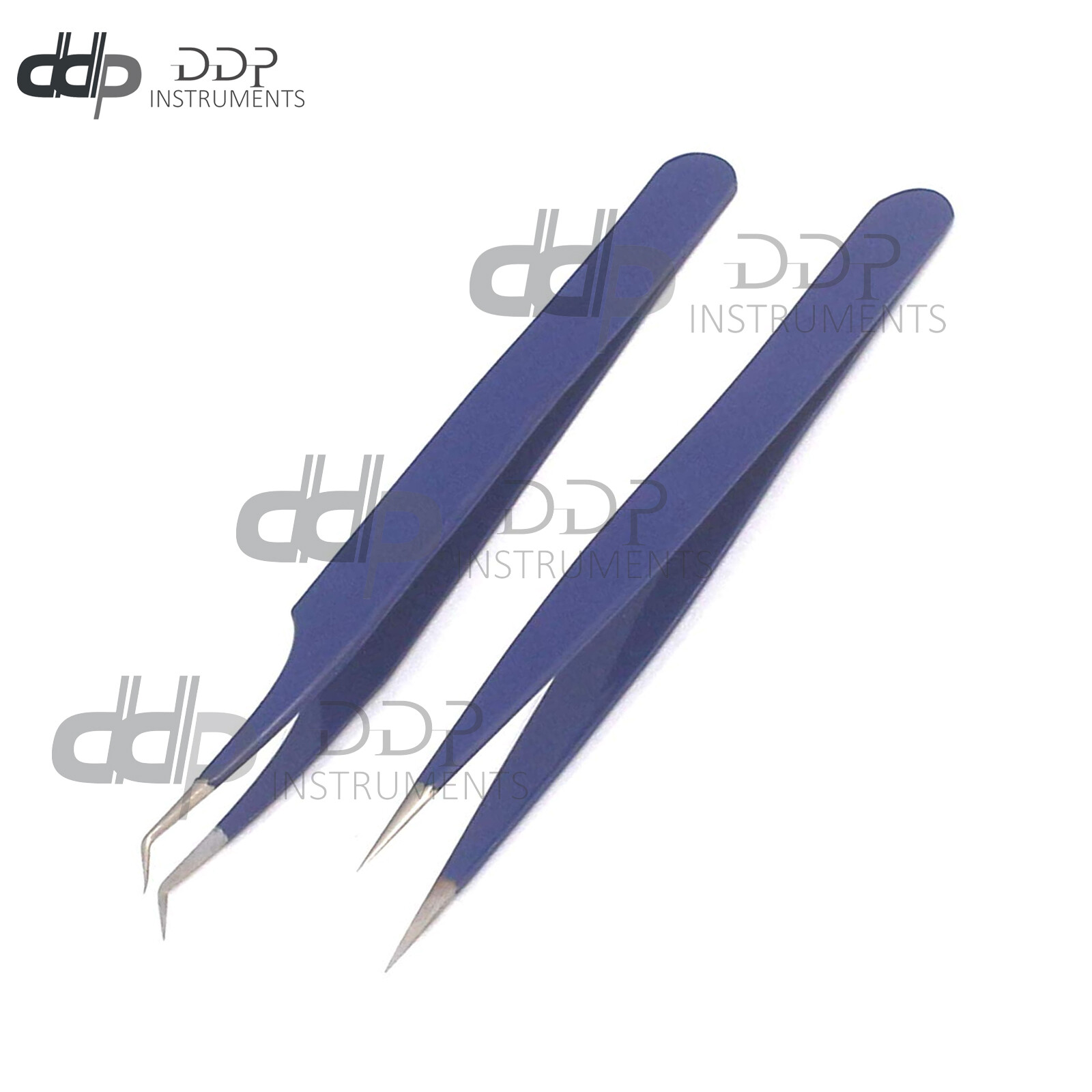 2 Pieces Straight and Curved Tip Tweezers Eyelash Extensions, Blue Color