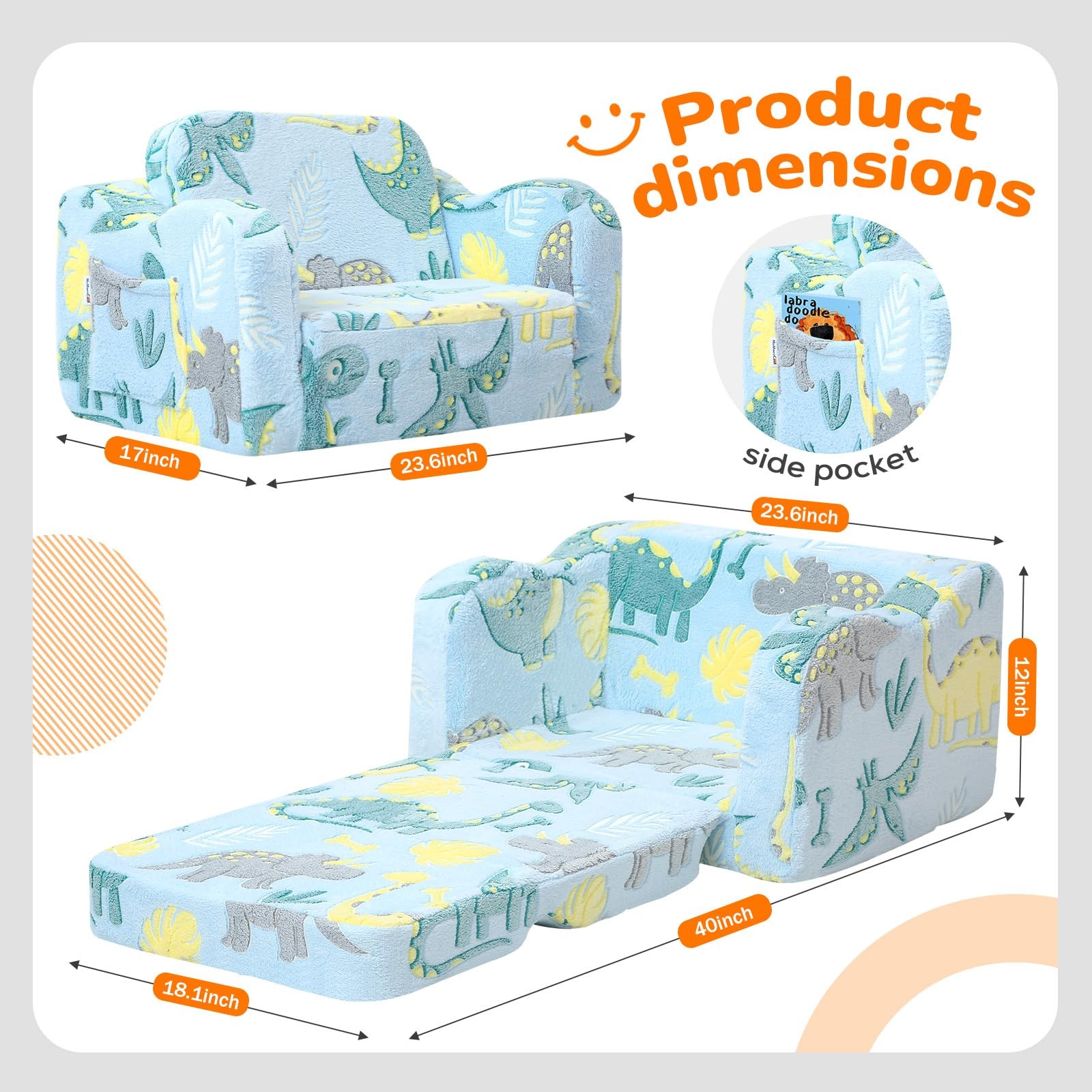 Glowing Dinosaur Chair, 2-in-1 Convertible Couch Fold Out to Lounger, Glow-in...