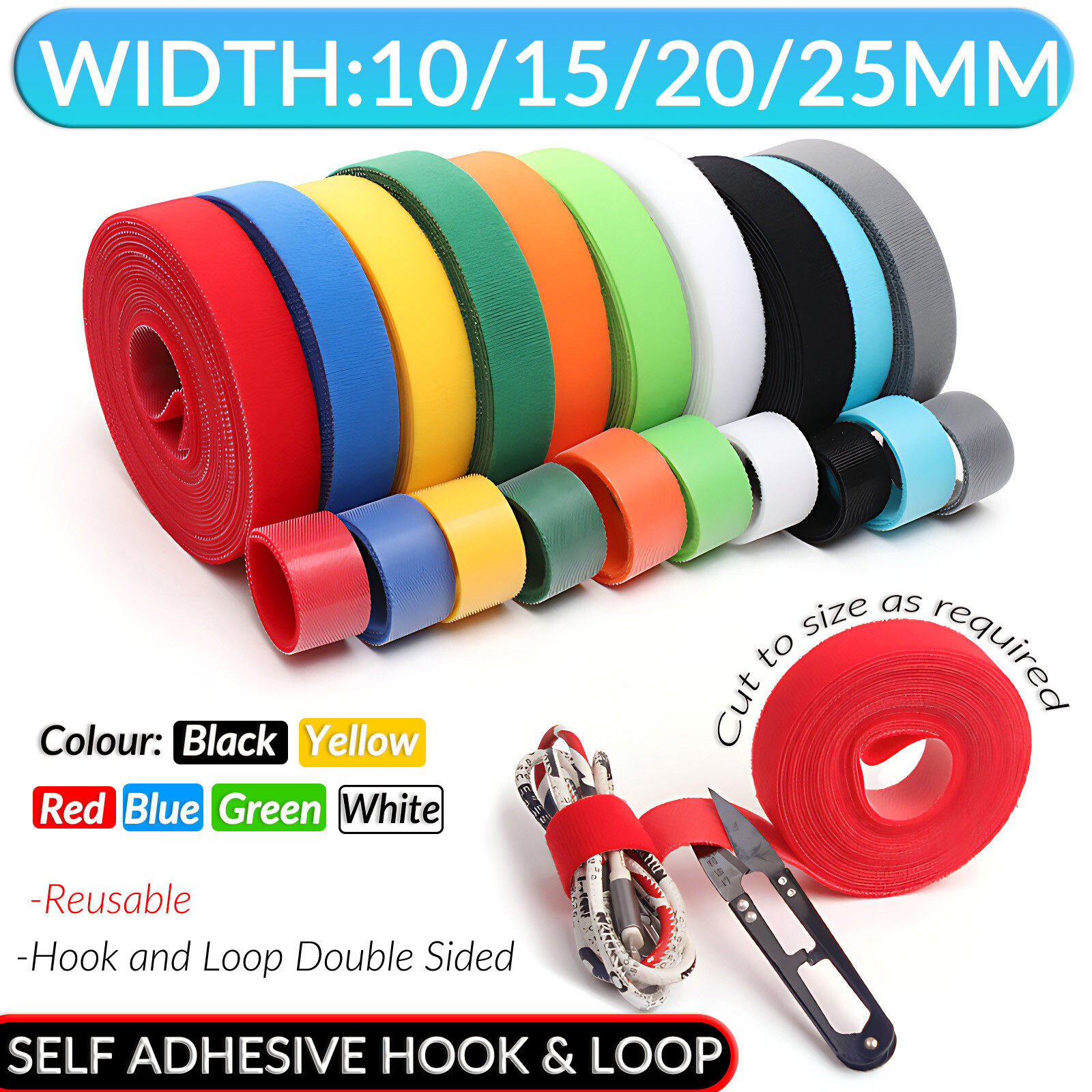 Self Adhesive Hook and Loop Double Sided Cable Ties Tidy Reusable Straps Roll
