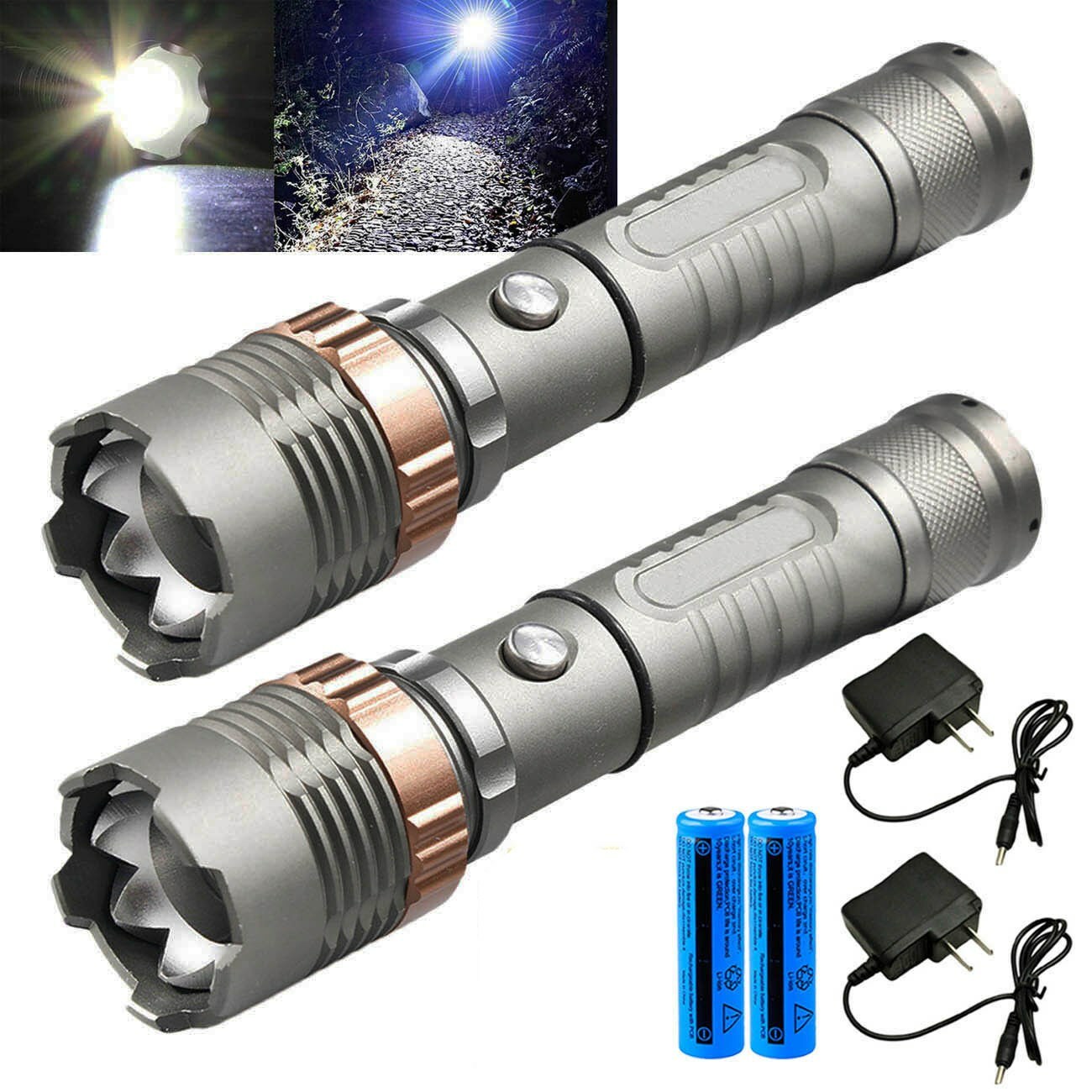 2Set LED Flashlight Rechargeable Zoomable 5-Mode Aluminum AlloyTorch+Bat+Charger