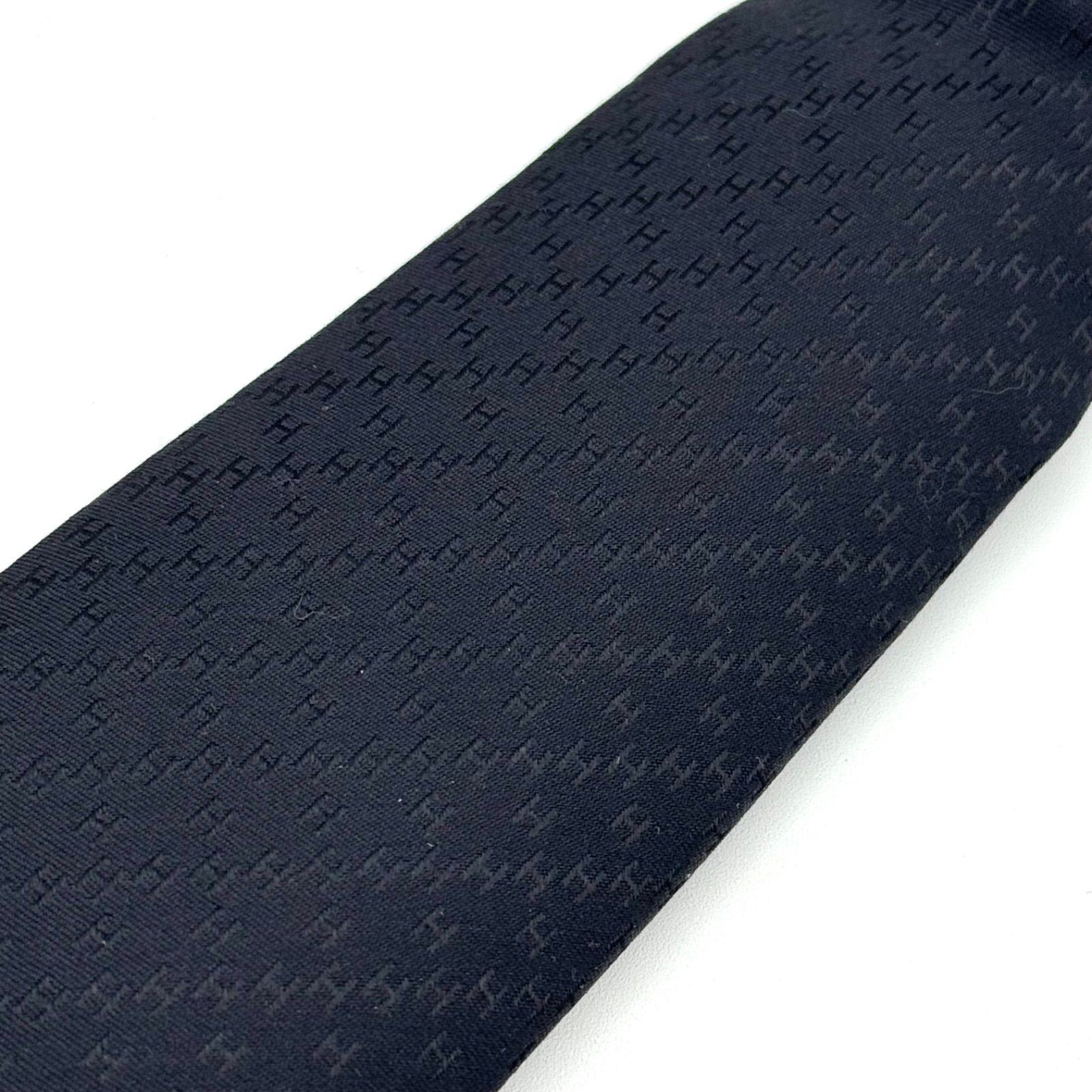 Hermes Fasone H Pattern Jacquard Black Silk Tie with Tag & Box