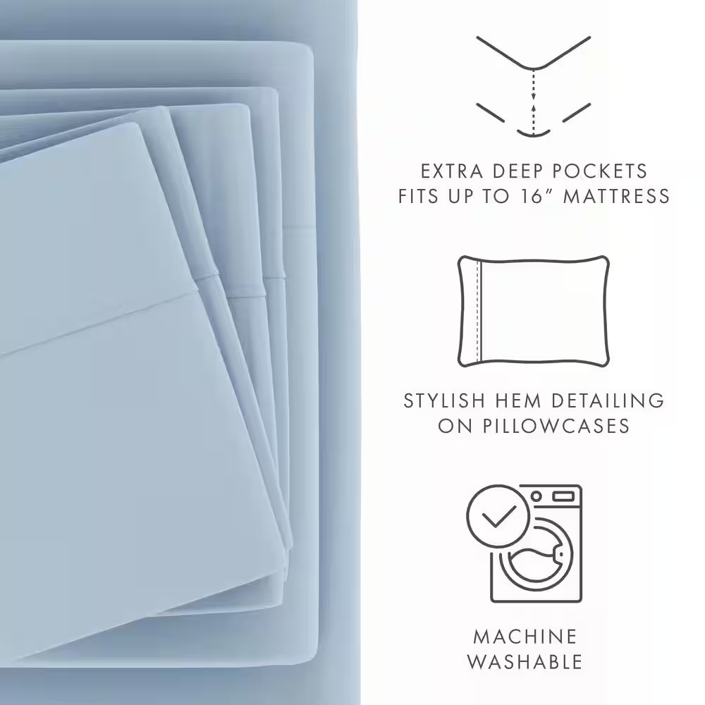 Luxury Ultra Soft 6 Piece Solid Light Blue Microfiber King Sheet Set Free Shippi